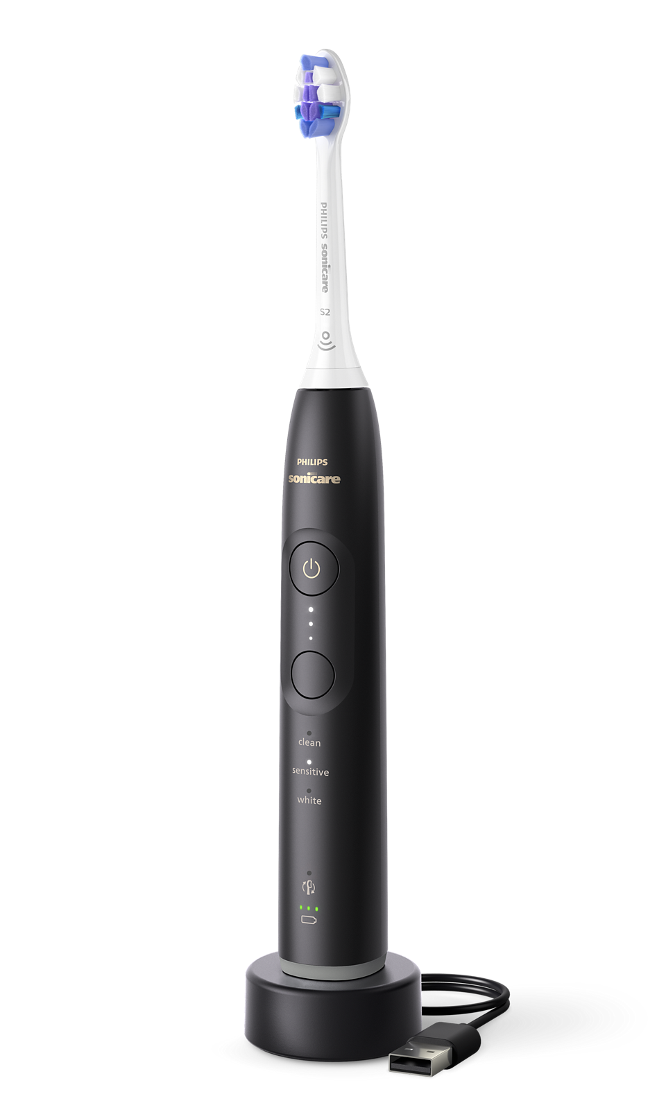 Czarna szczoteczka elektryczna na ładowarce z kablem USB.