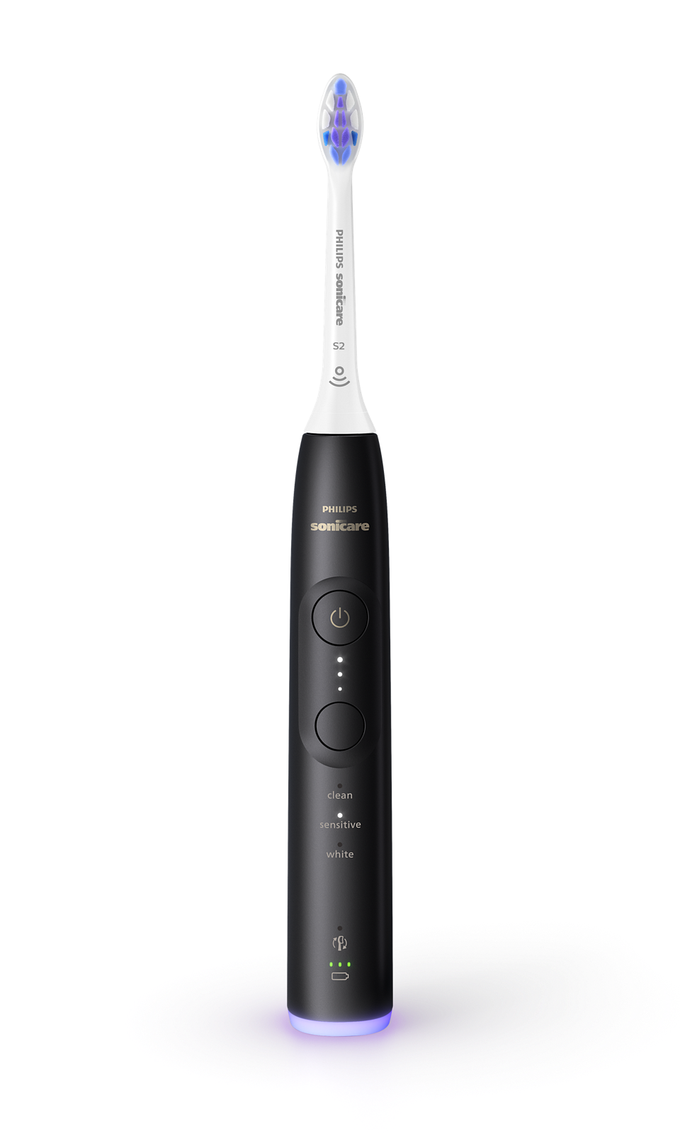 Czarna szczoteczka elektryczna z białą główką i niebieskim włosiem.