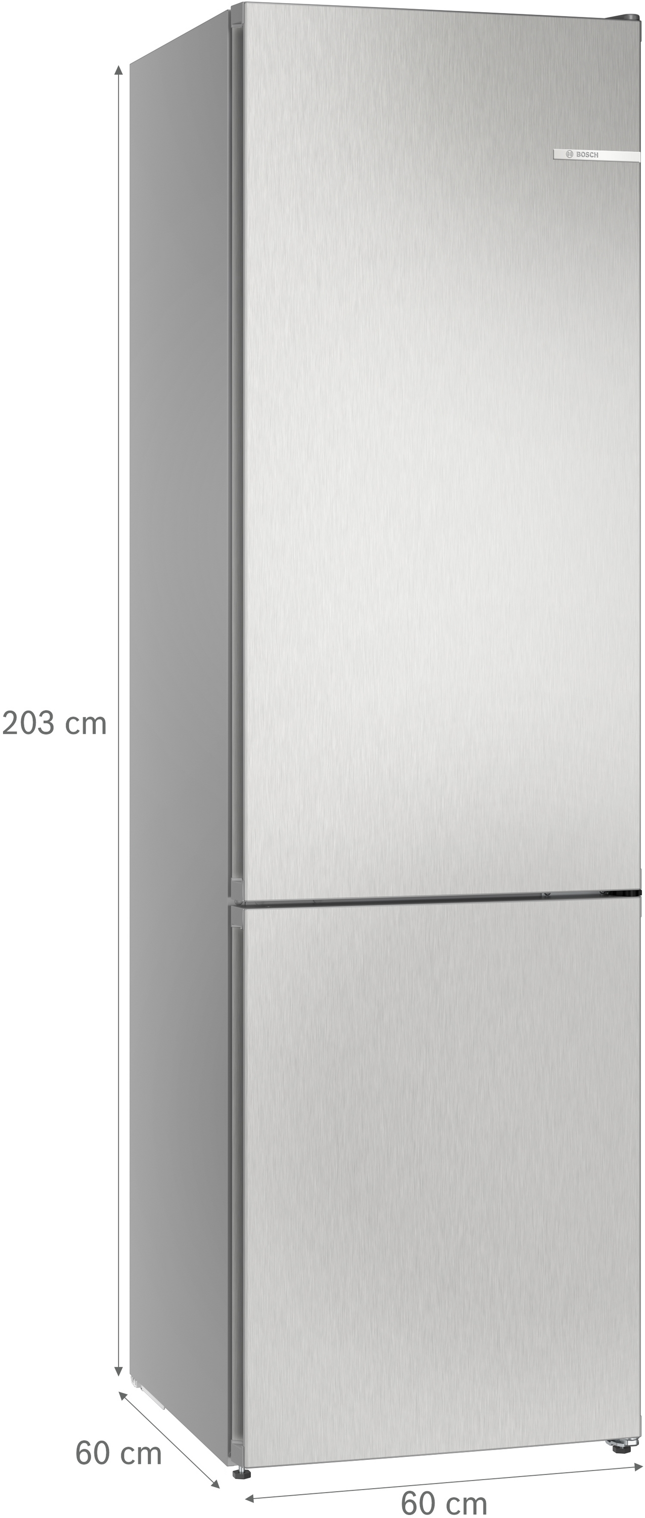 Ein silberner Bosch-Kühlschrank mit zwei Türen, 203cm hoch und 60cm breit.