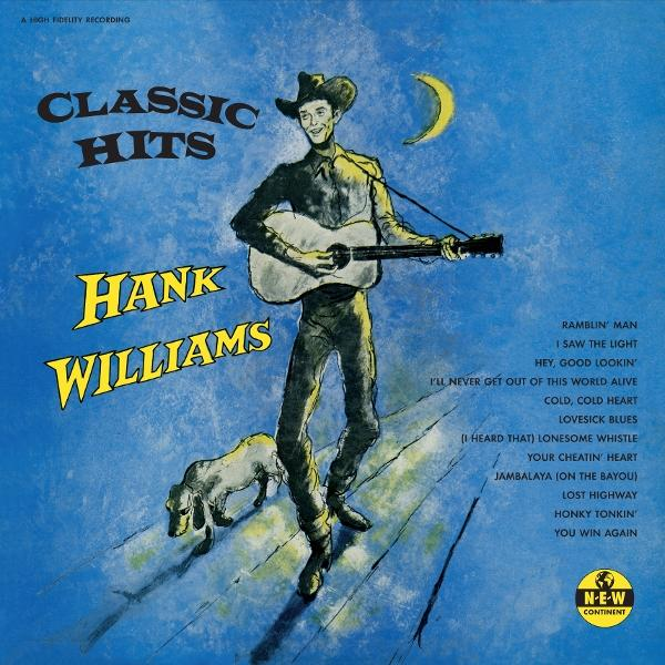 Hank Williams spielt Gitarre, ein Hund steht daneben, unter einem Halbmond.