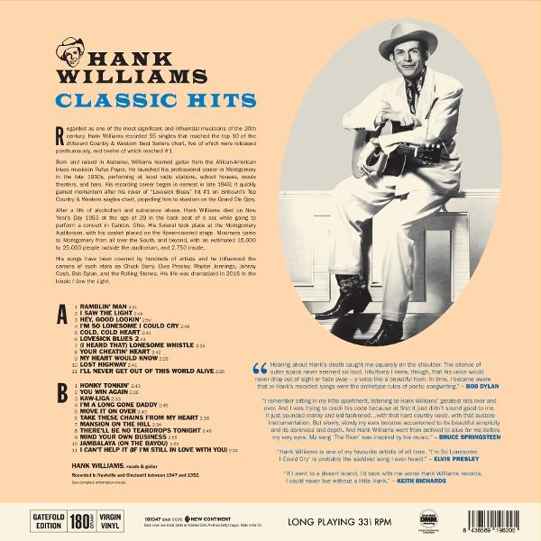 Hank Williams Classic Hits Album-Cover mit einem Porträt von Hank Williams.