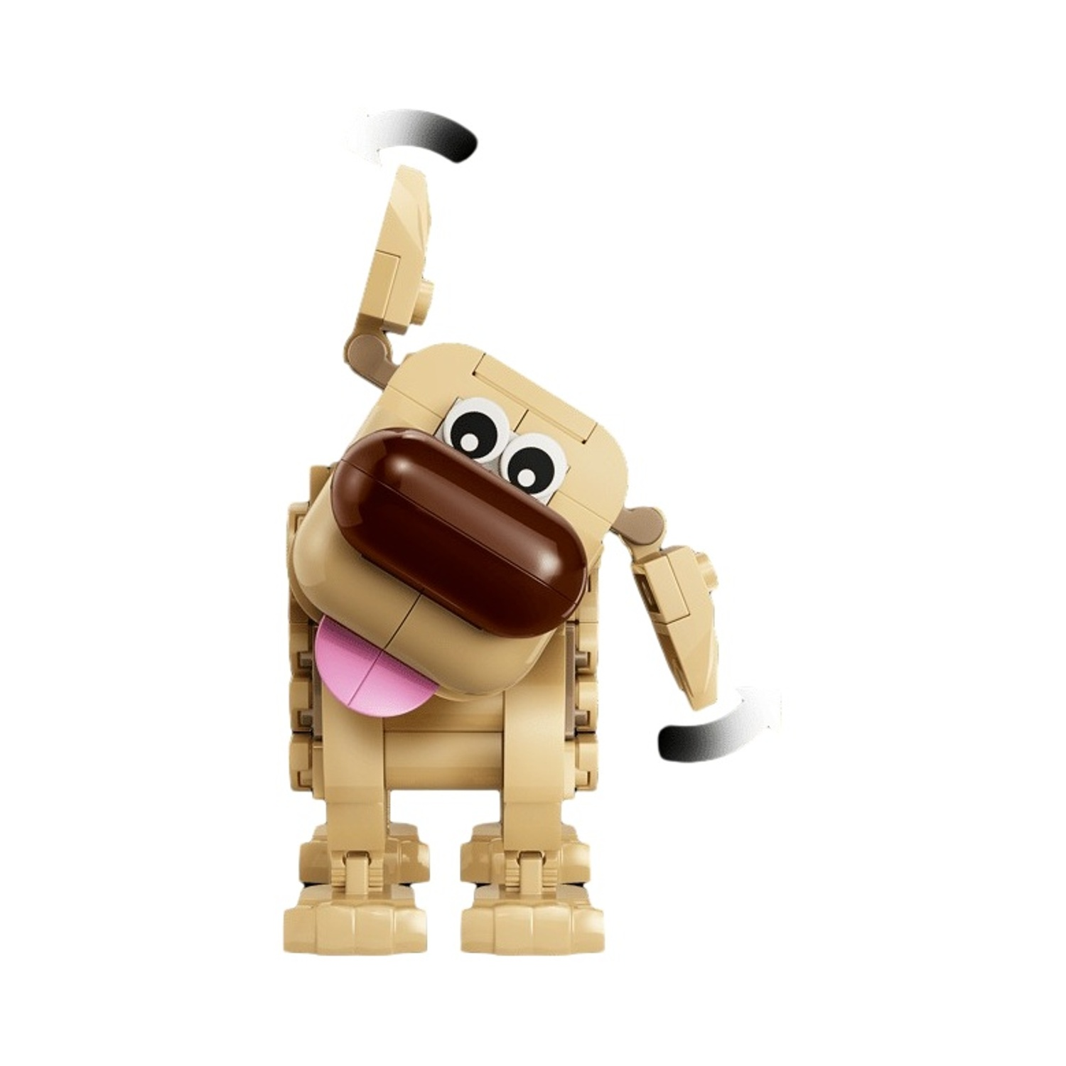 Un cane Lego beige con naso marrone, lingua rosa e occhi bianchi.