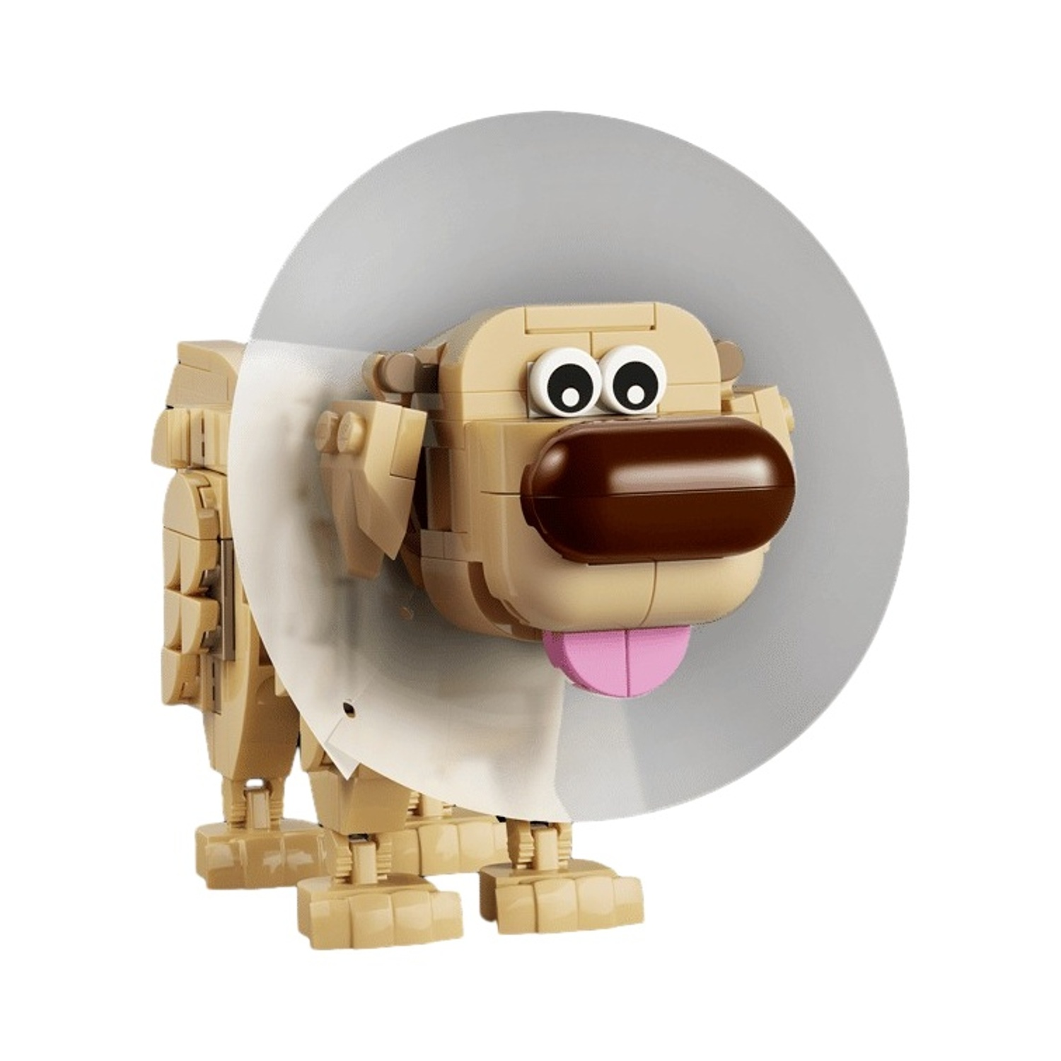 Un leone Lego con muso marrone, occhi grandi e lingua rosa, che indossa un collare a cono.