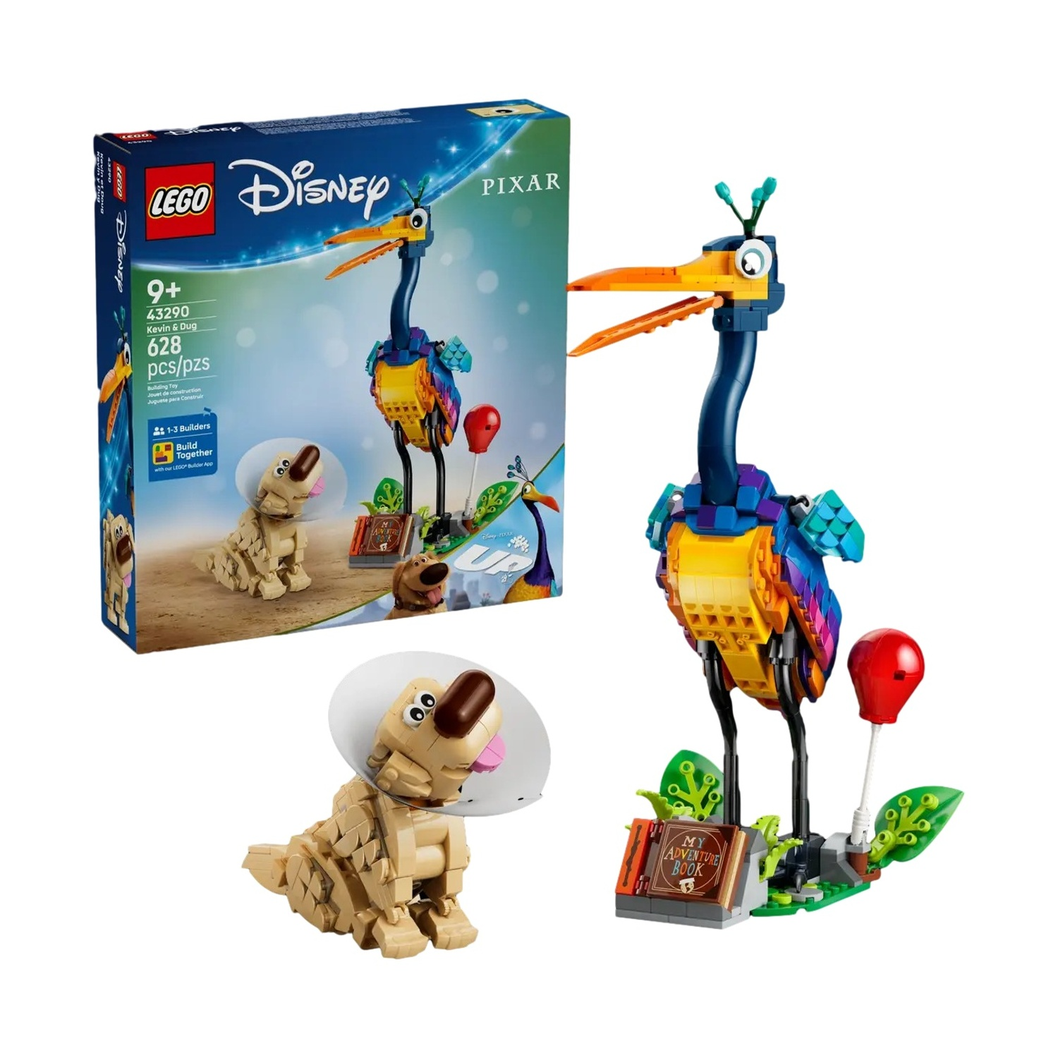Set LEGO con Kevin l'uccello colorato e Dug il cane con collare a cono.