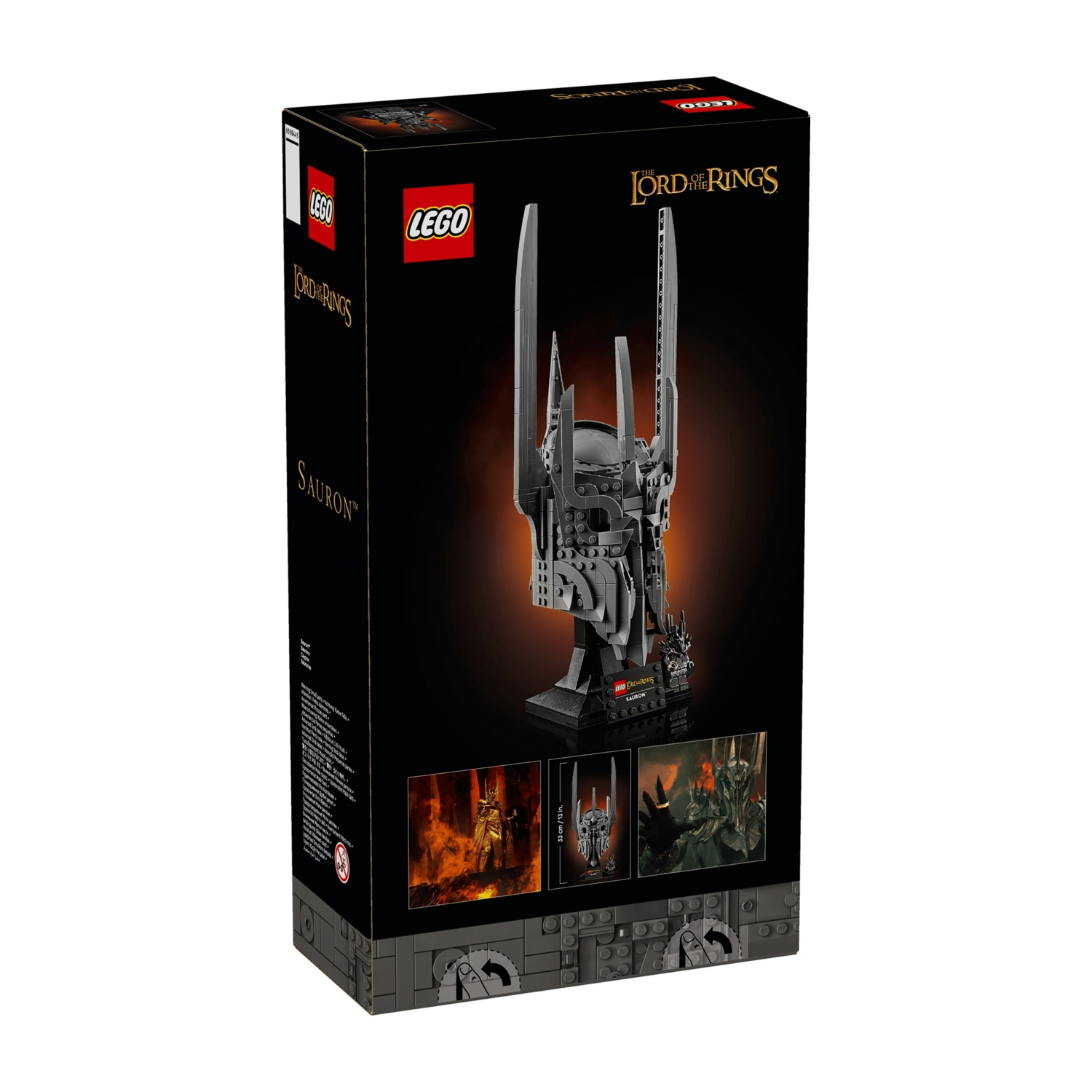 Scatola set elmo LEGO Il Signore degli Anelli di Sauron con fronte dettagliato.