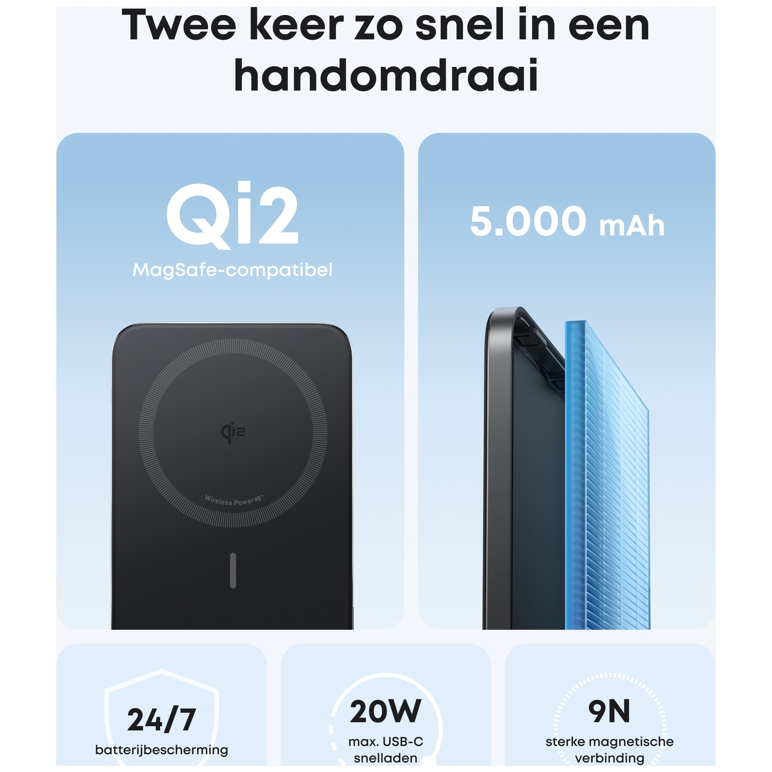 Qi2 MagSafe-compatibele lader met 5000 mAh, 20W en 9N magnetische kracht.