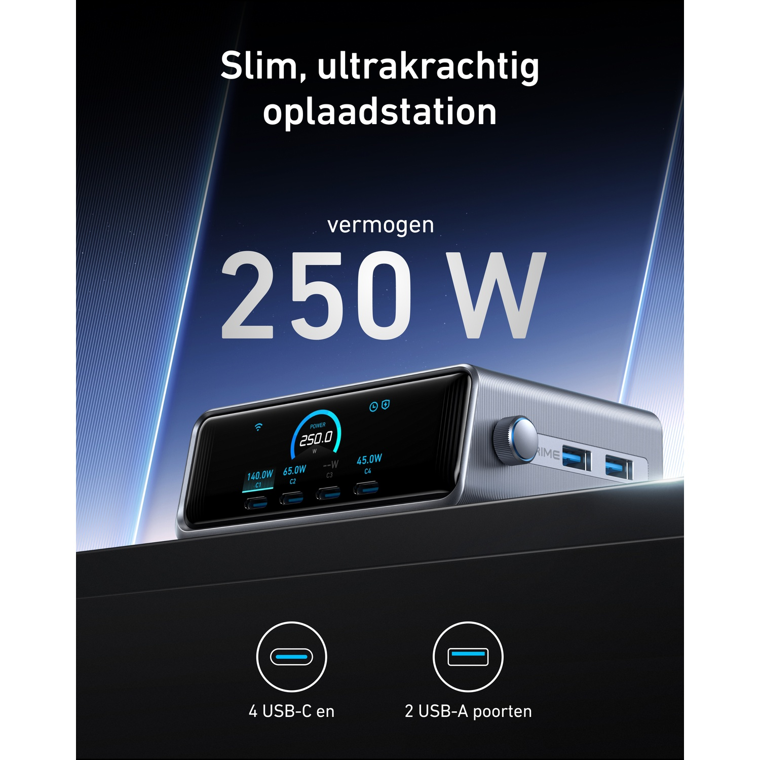 A sleek, powerful 250W charging station with 4 USB-C and 2 USB-A ports.
