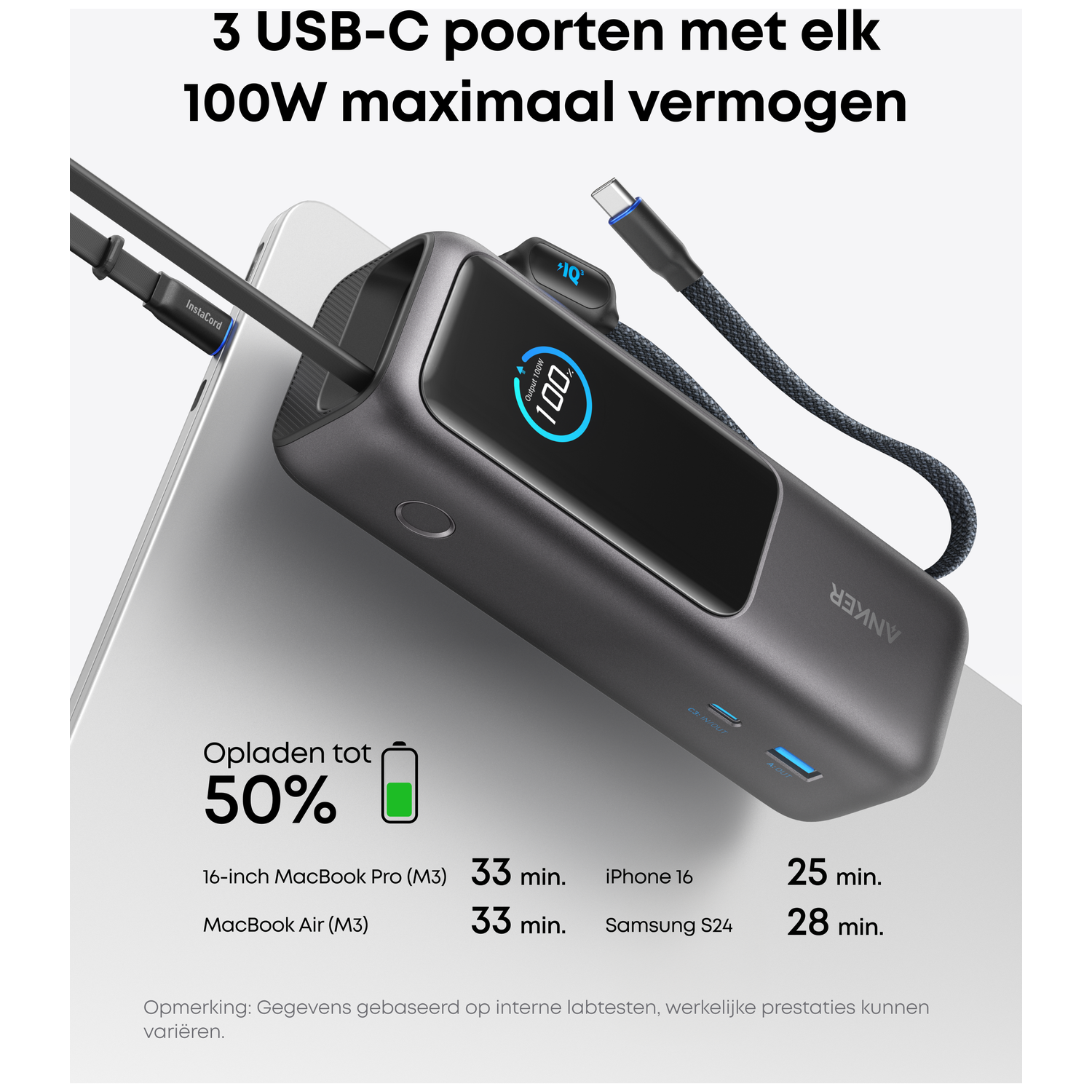 Grijze Anker powerbank met 3 USB-C poorten, laadt MacBook in 33 min op tot 50%.