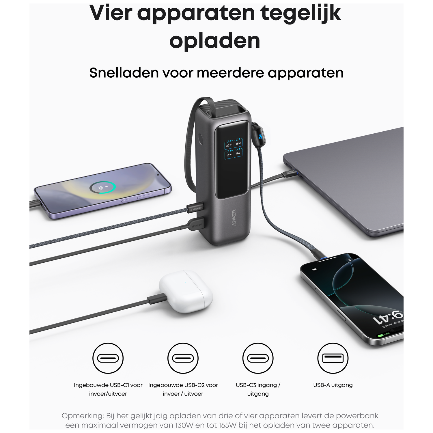 Een grijze Anker lader laadt een smartphone, AirPods, een MacBook en een smartphone op.