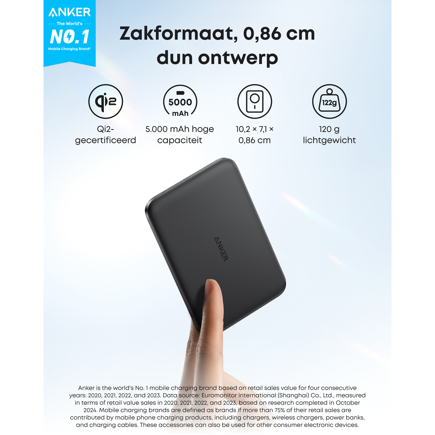 Zwarte Anker powerbank, 5000mAh, 120g, 0,86cm dun, Qi2 gecertificeerd.