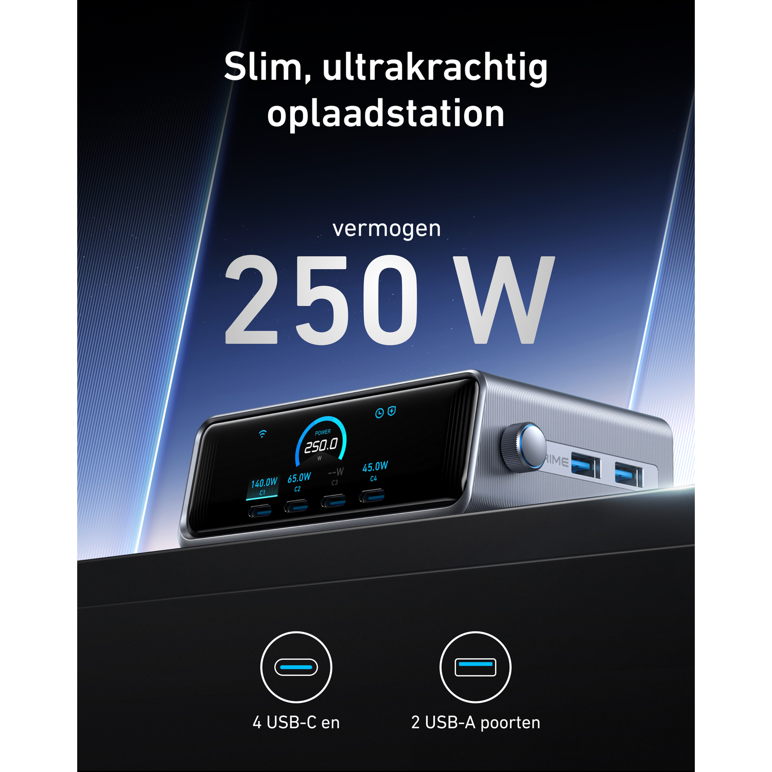 Slank, krachtig laadstation met 250W, 4 USB-C en 2 USB-A poorten.