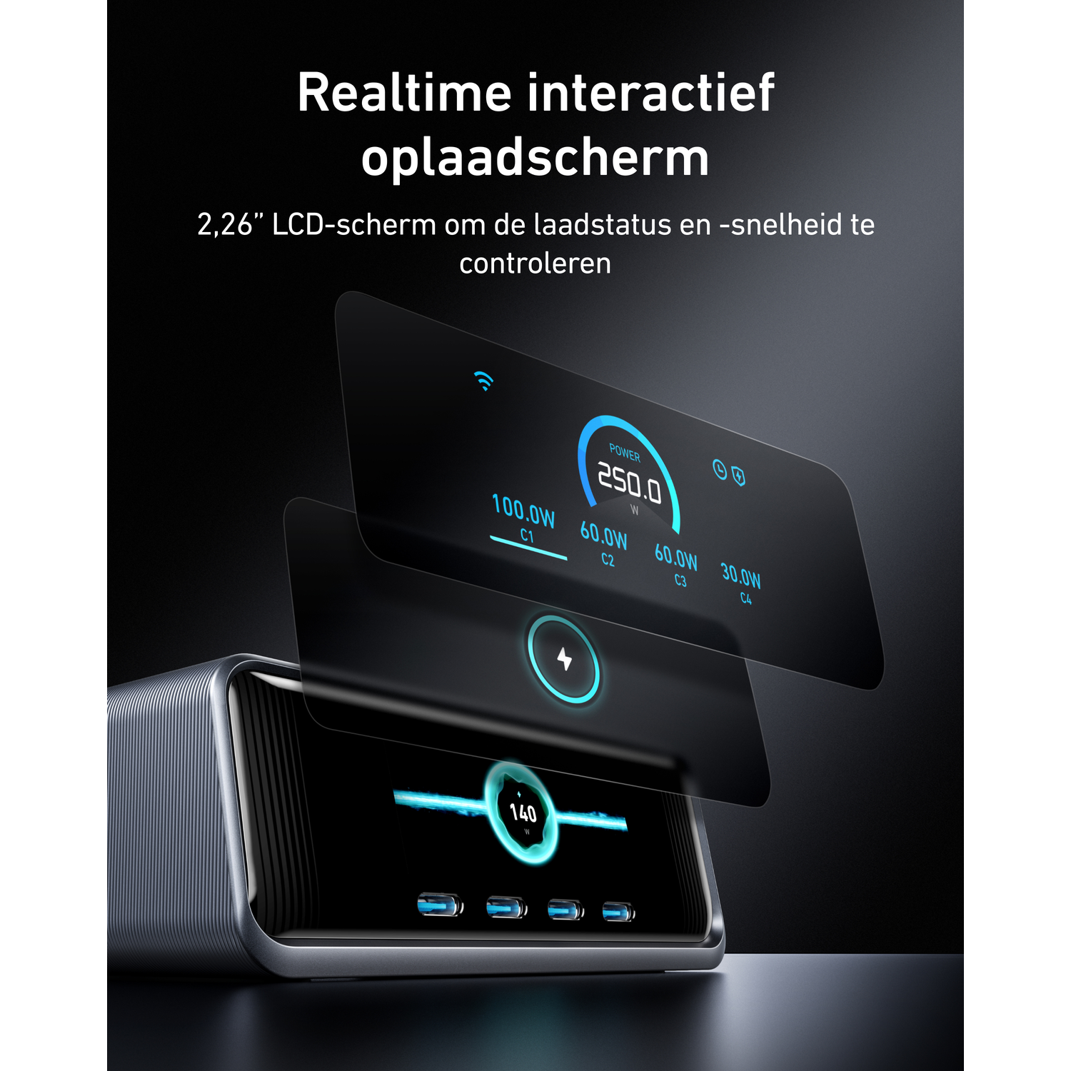 Lader met LCD-scherm toont laadvermogen en USB-C-poorten.