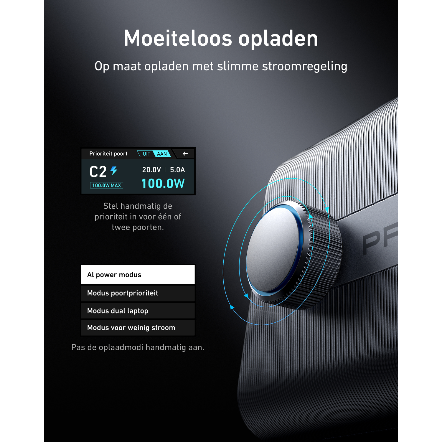 Lader met draaiknop en scherm met laadinformatie. Moeiteloos opladen.
