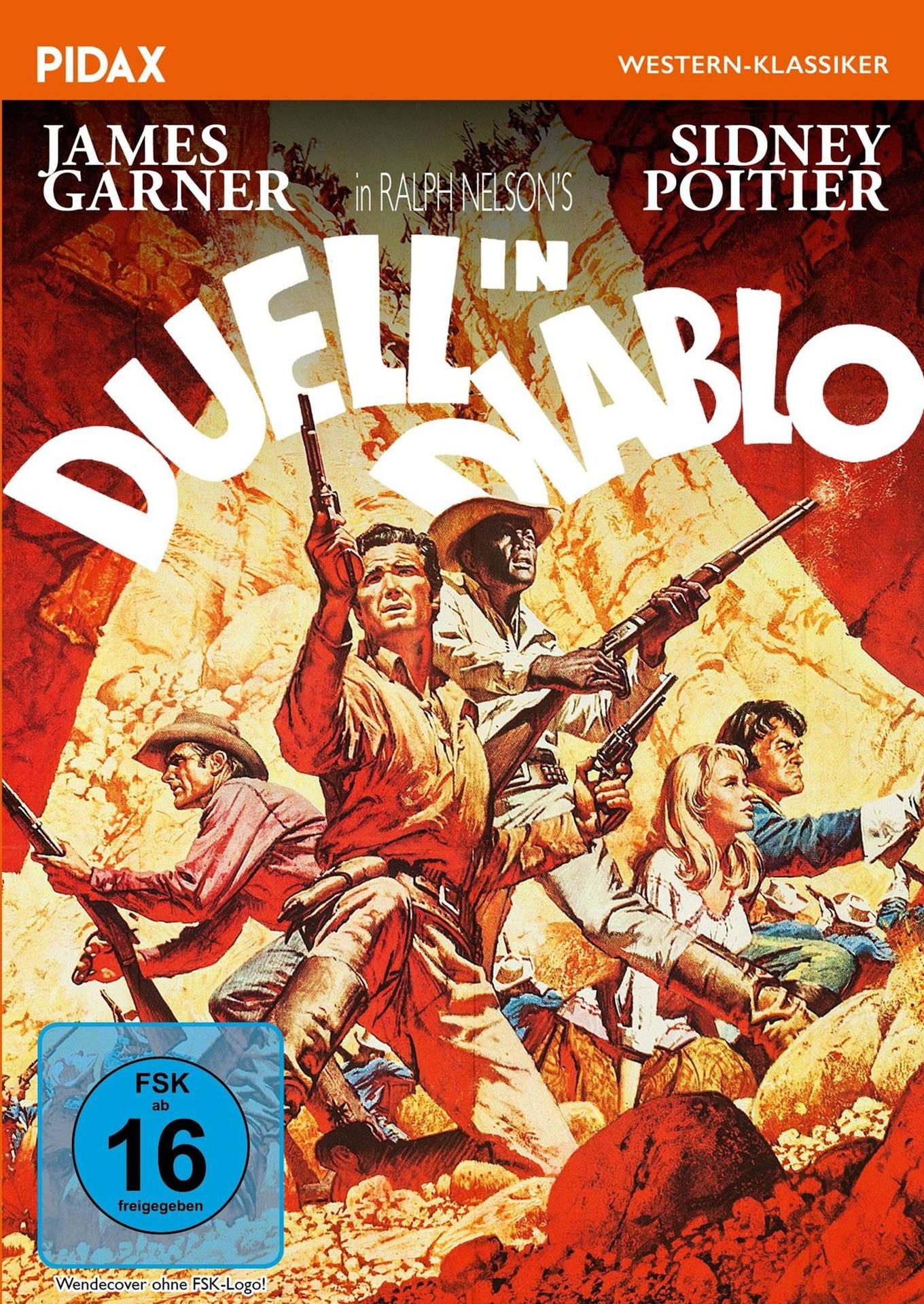 Westernplakat mit Schauspielern und Gewehren in felsiger Landschaft.
