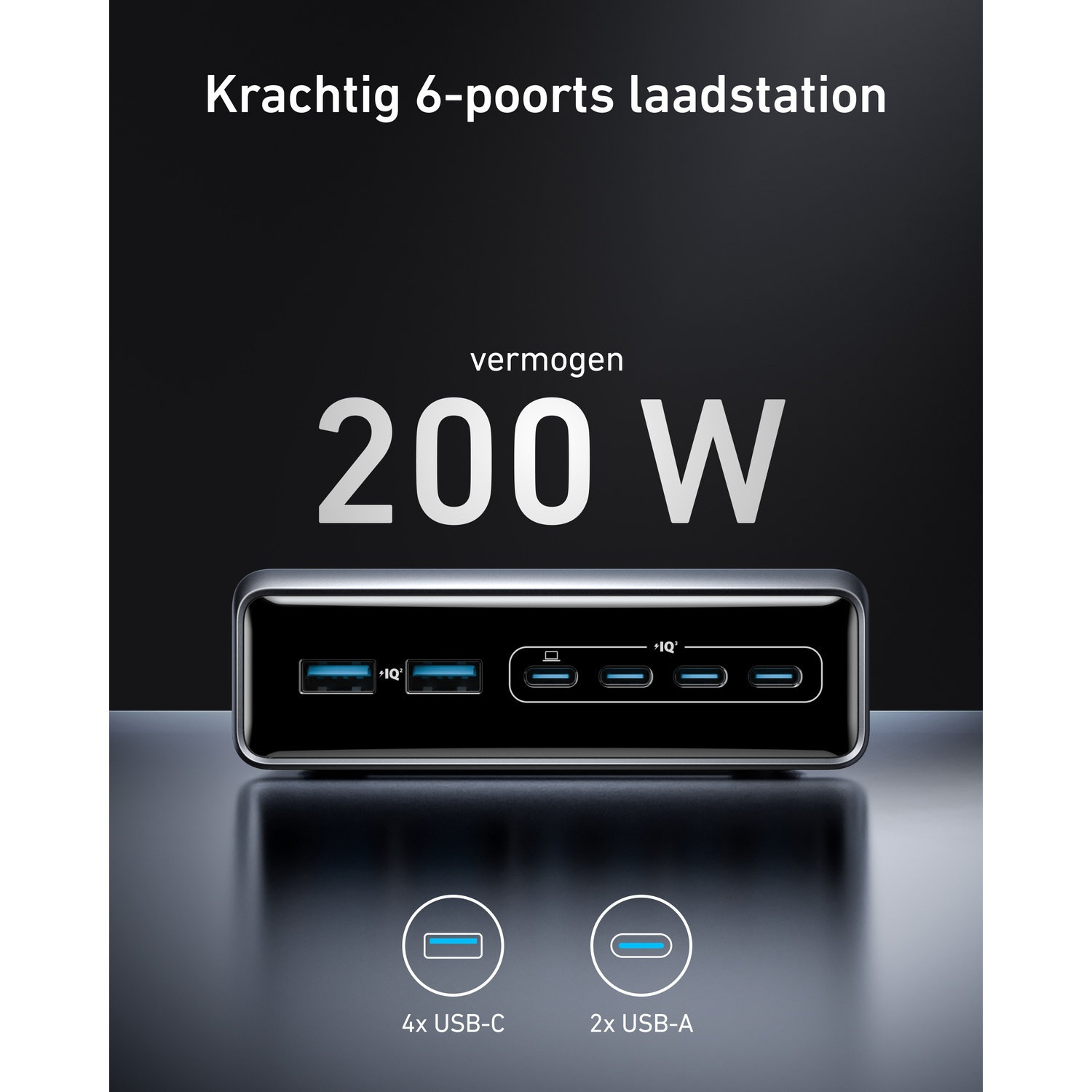 Powerful 6-port 200W charging station with 4x USB-C and 2x USB-A ports.