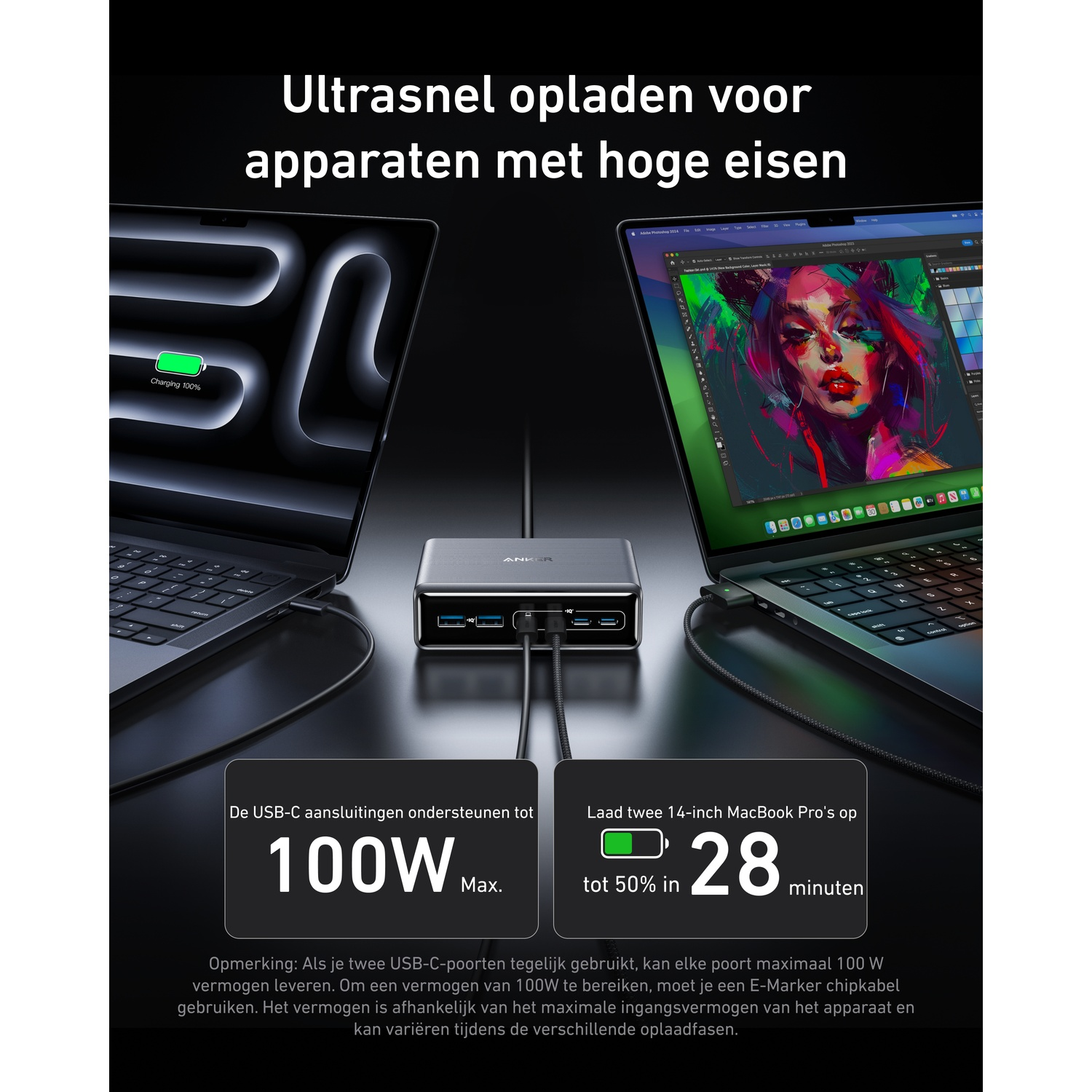Charger with two laptops; one shows 100% charge, the other a graphic.