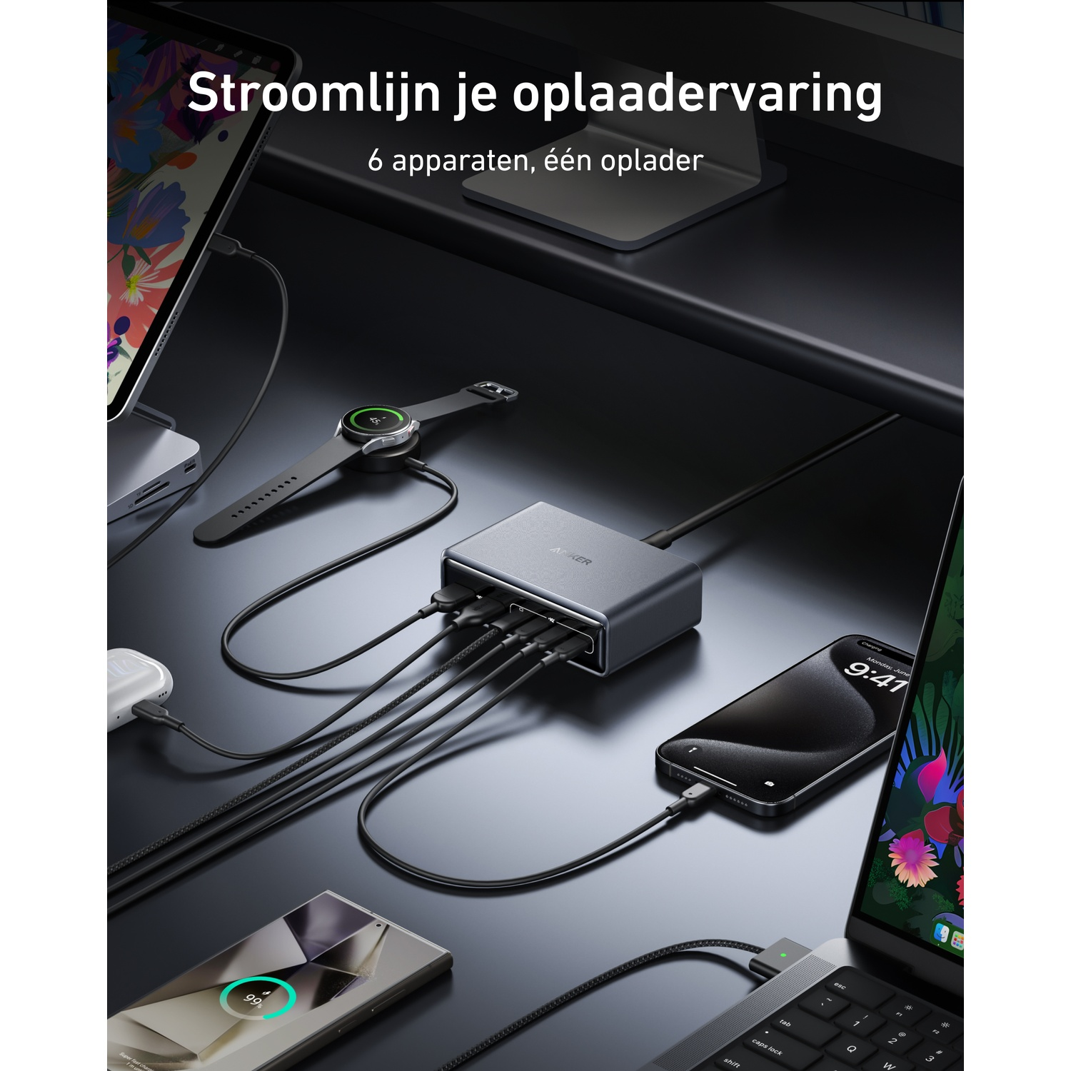 A gray charger powers six devices: tablet, smartwatch, smartphone, laptop.