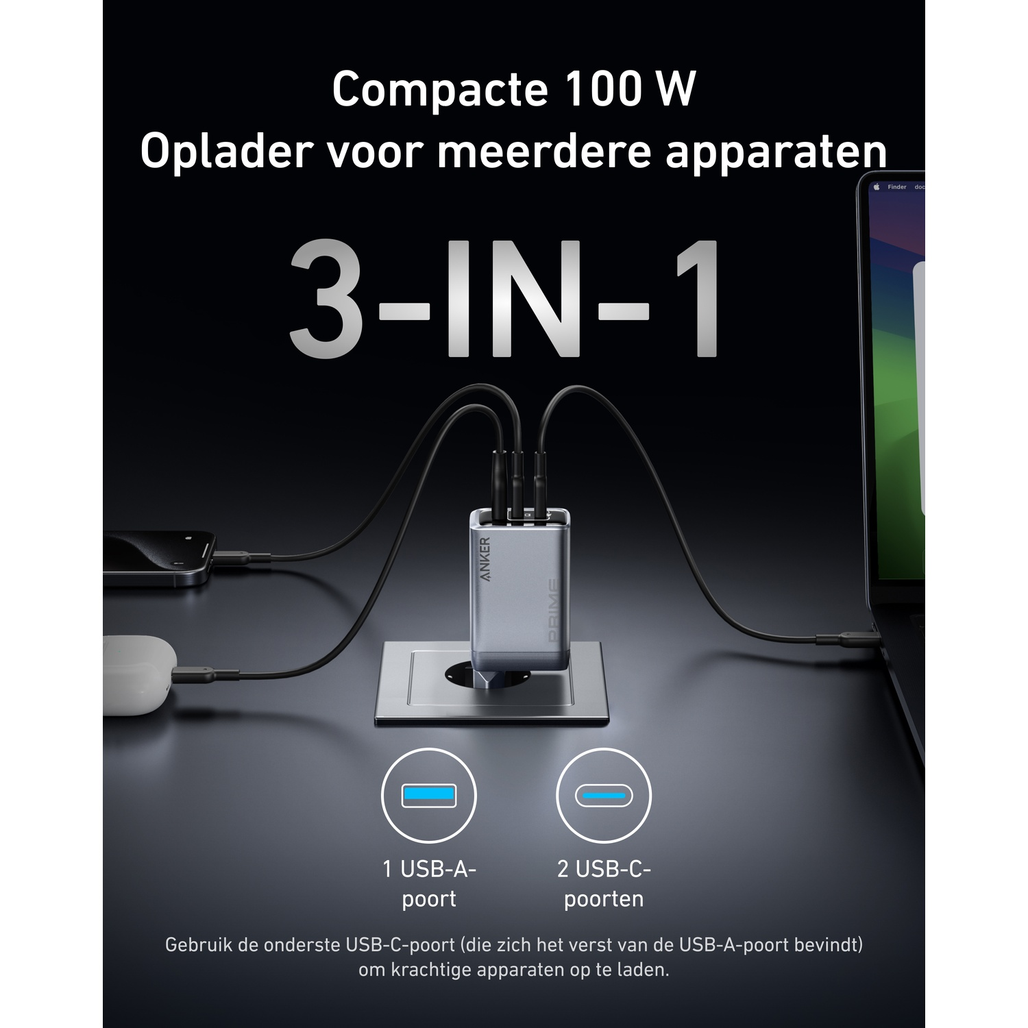 Chargeur Anker gris 3-en-1 de 100W, alimente portable, téléphone, écouteurs.