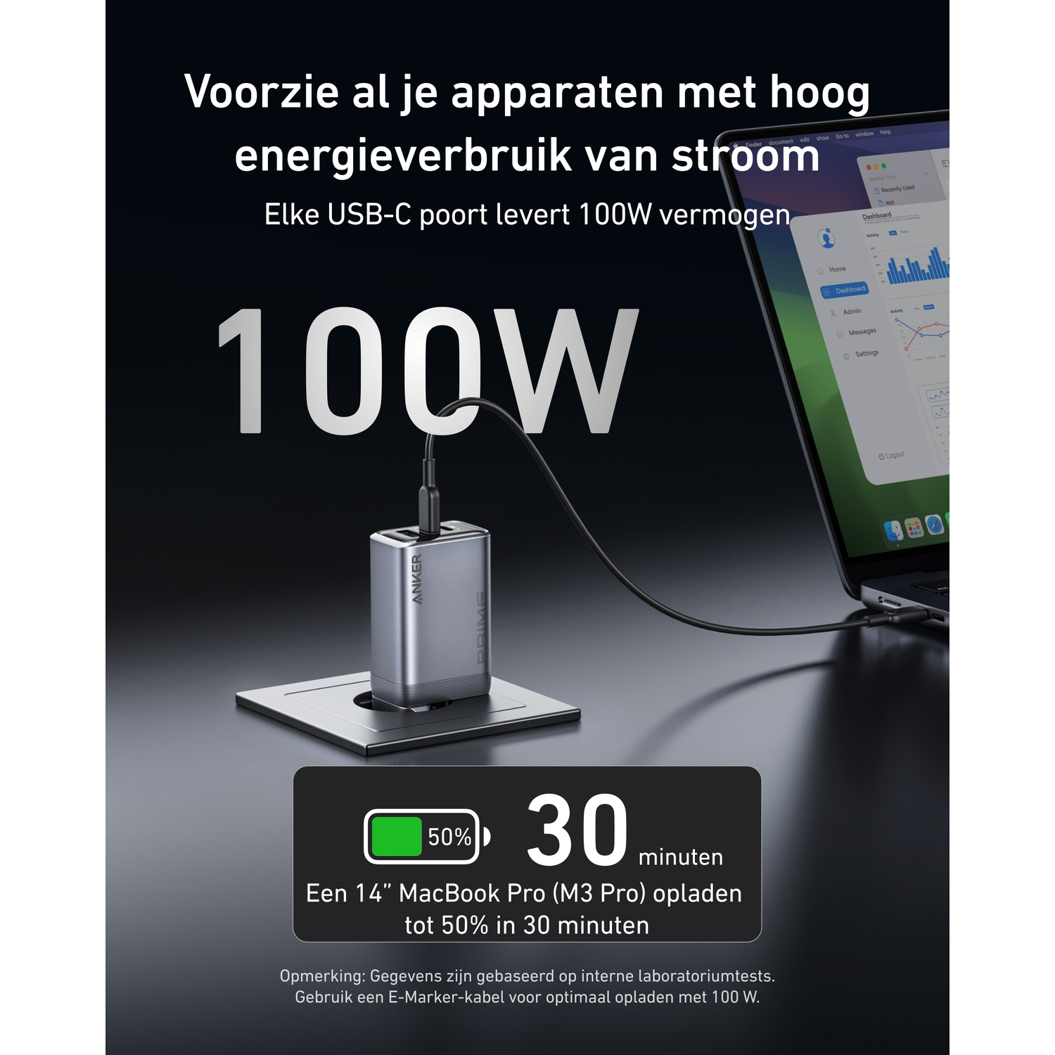 Un chargeur Anker argenté de 100W chargeant un ordinateur portable.