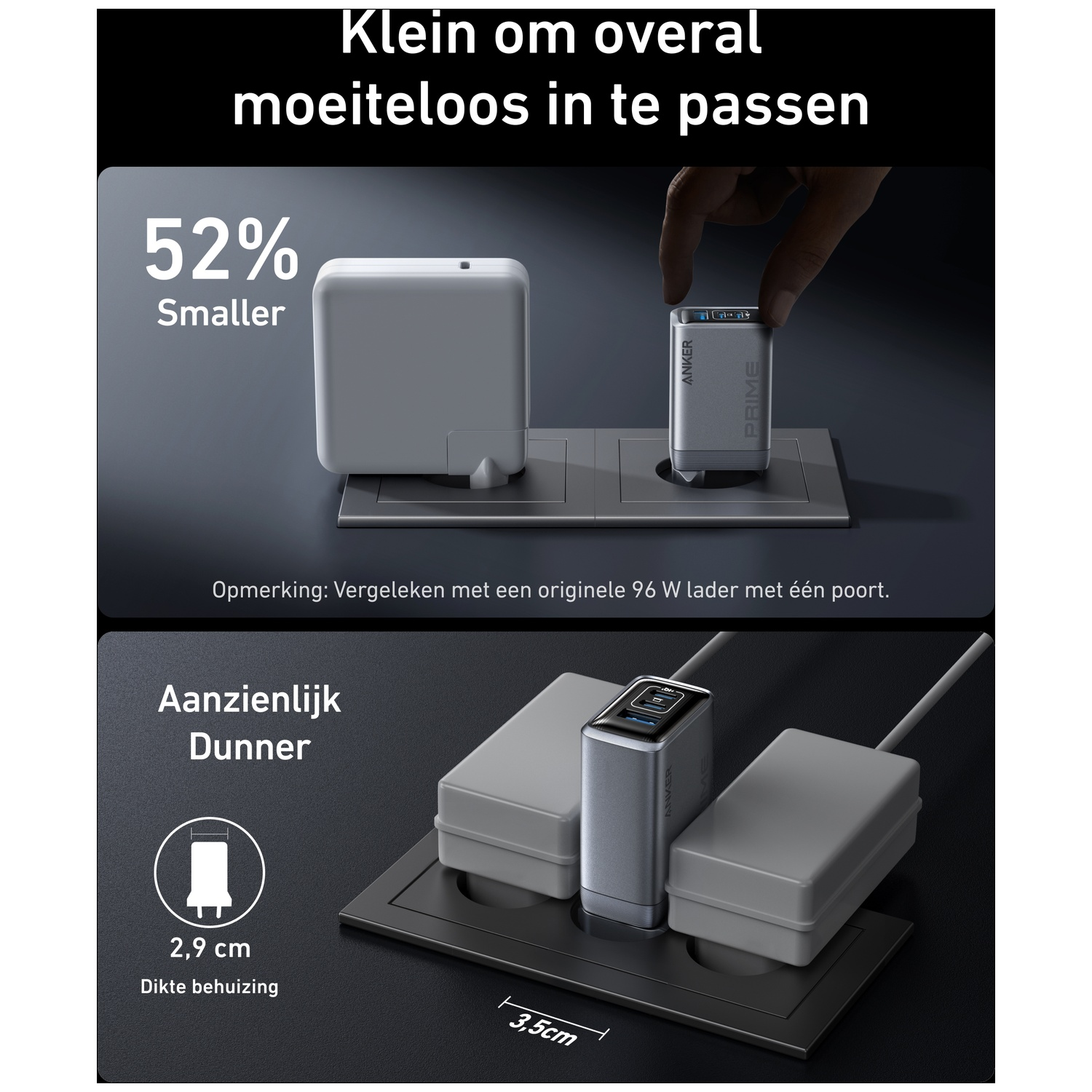 Un chargeur gris compact est 52% plus petit et 2,9 cm d'épaisseur.