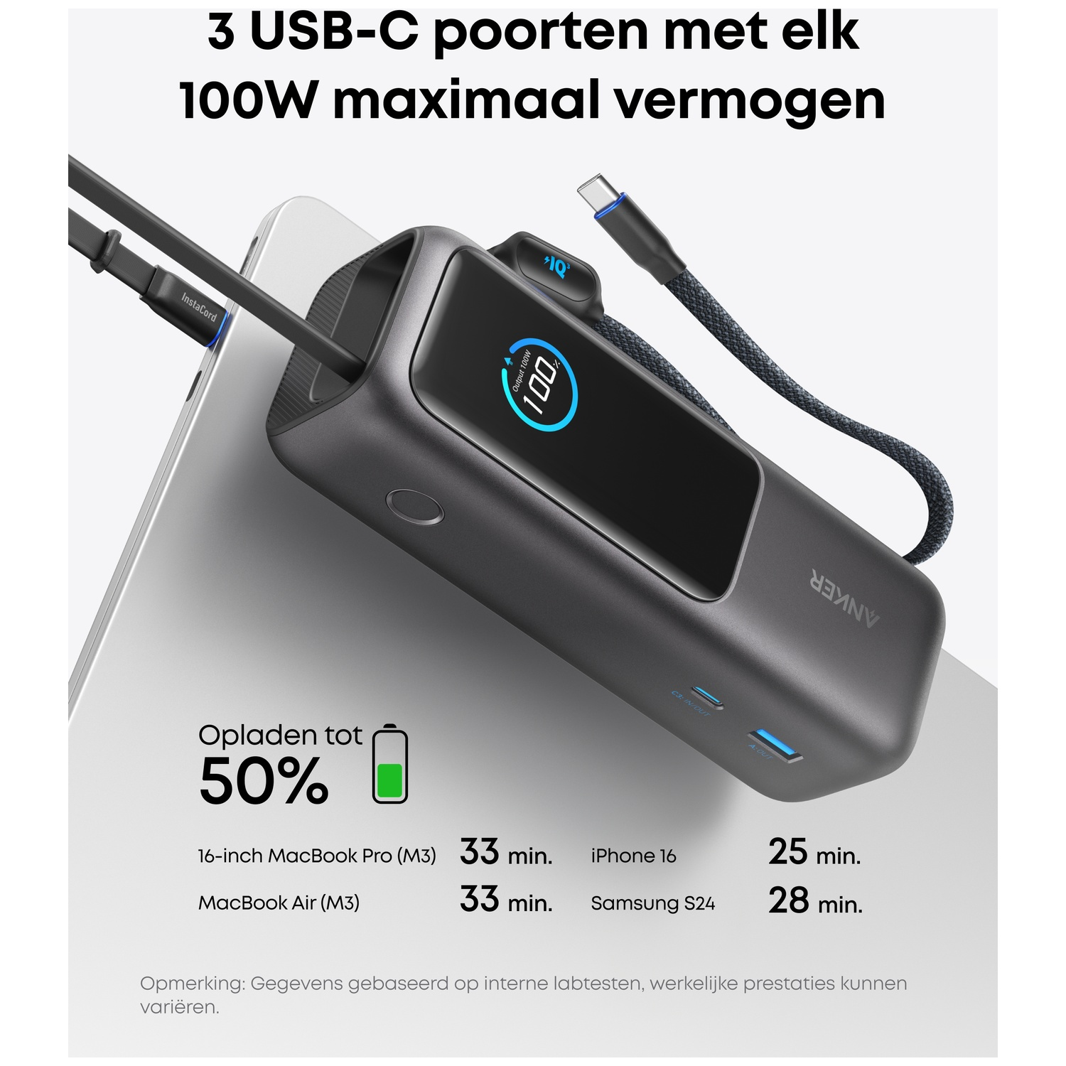 Een zwarte Anker oplader met drie USB-C poorten, die oplaadtijden voor laptops en telefoons toont.
