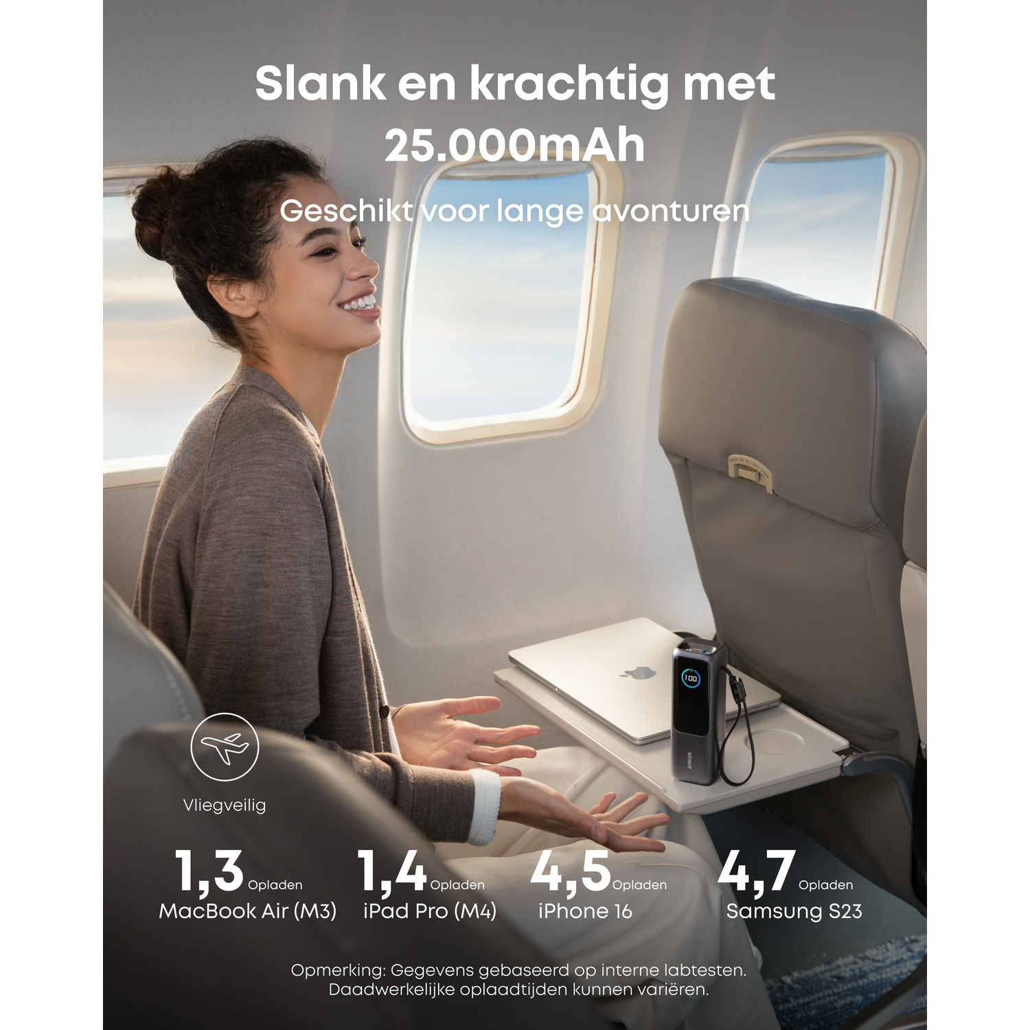 Vrouw in vliegtuig met powerbank. Toont laadtijden voor diverse apparaten.