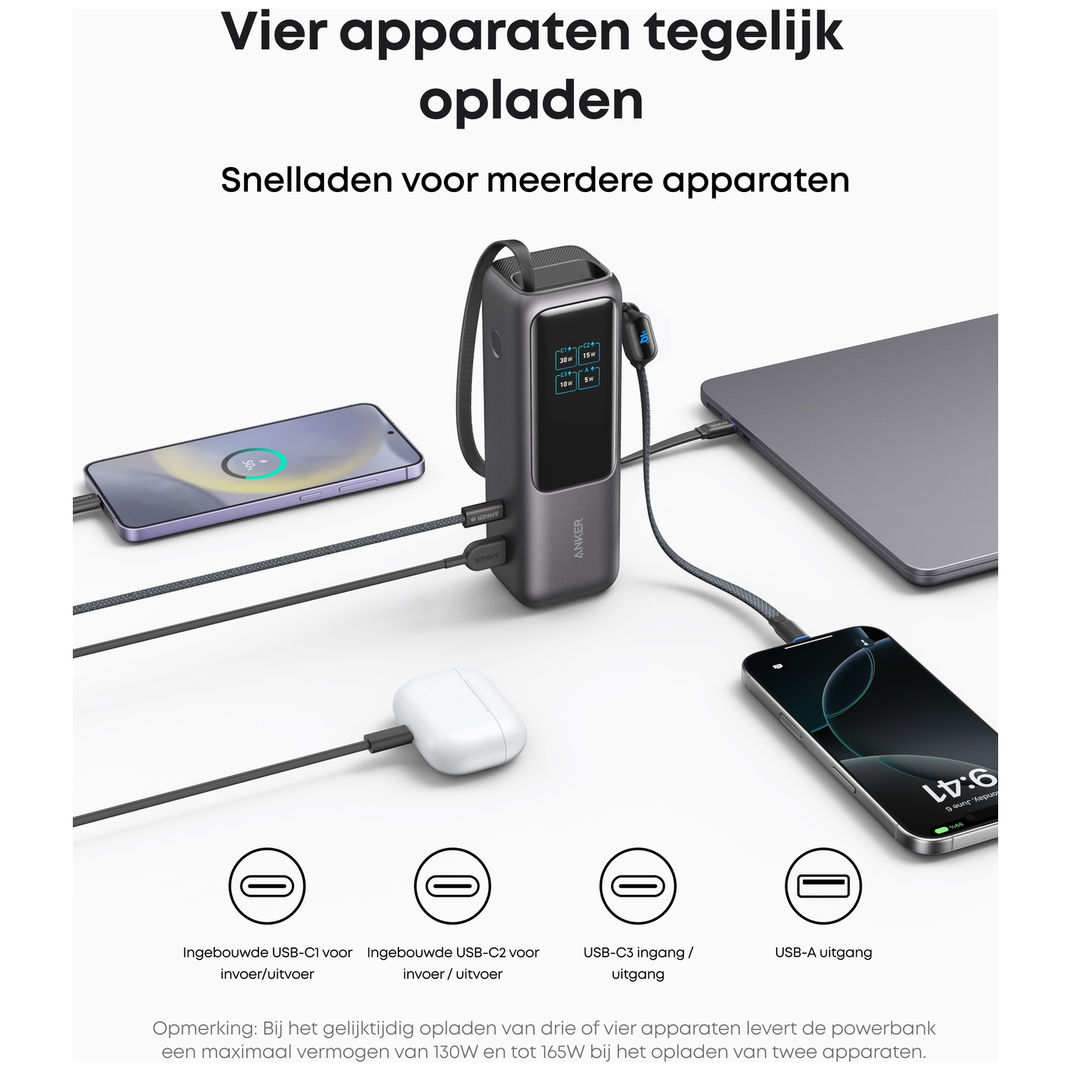 Een Anker oplader met display laadt een smartphone, AirPods en laptop op.