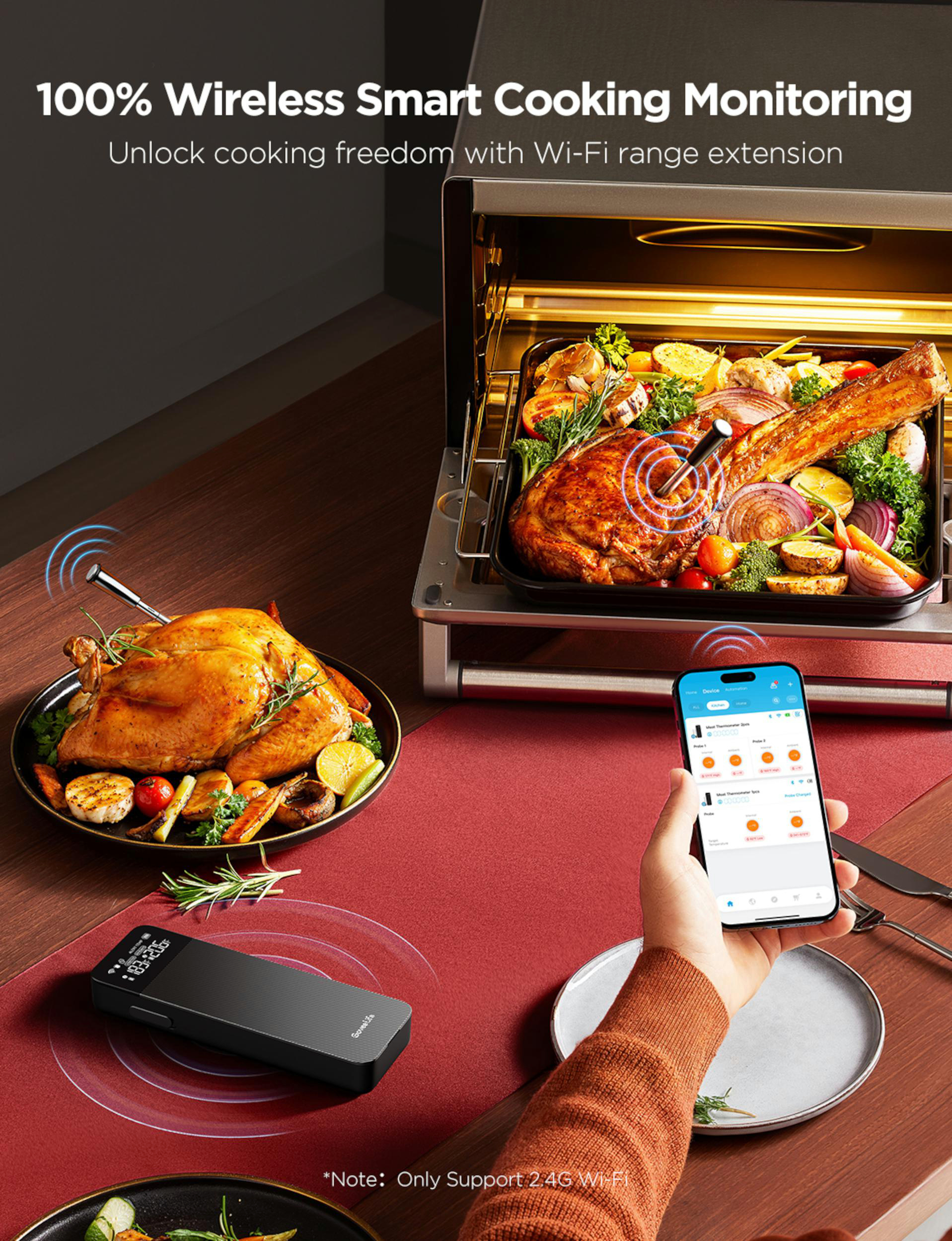 Ein Ofen mit Braten und Gemüse, daneben ein Thermometer und ein Smartphone.