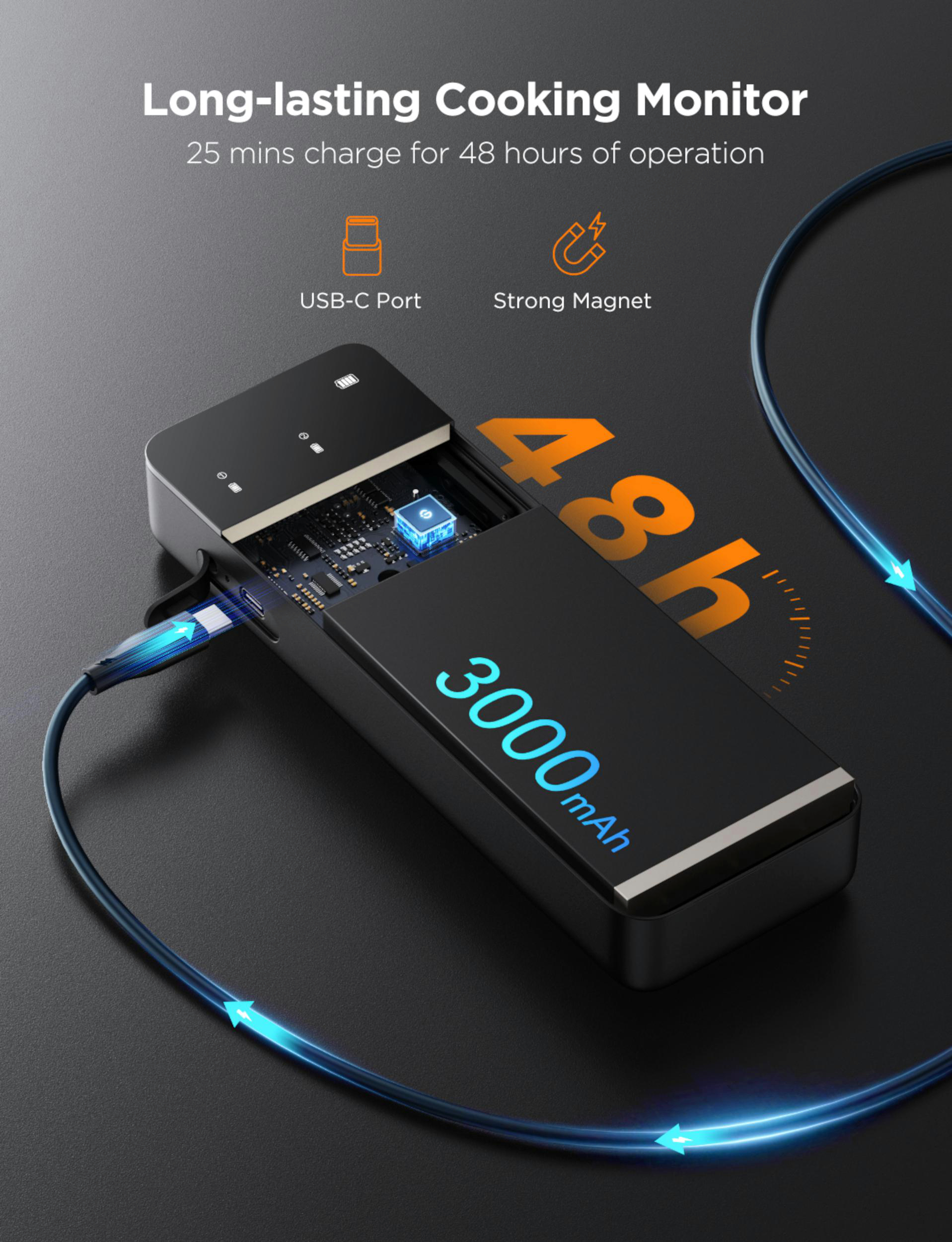 Schwarzer Kochmonitor mit 3000mAh, USB-C-Port, Magnet. Lädt in 25 Min für 48 Std.