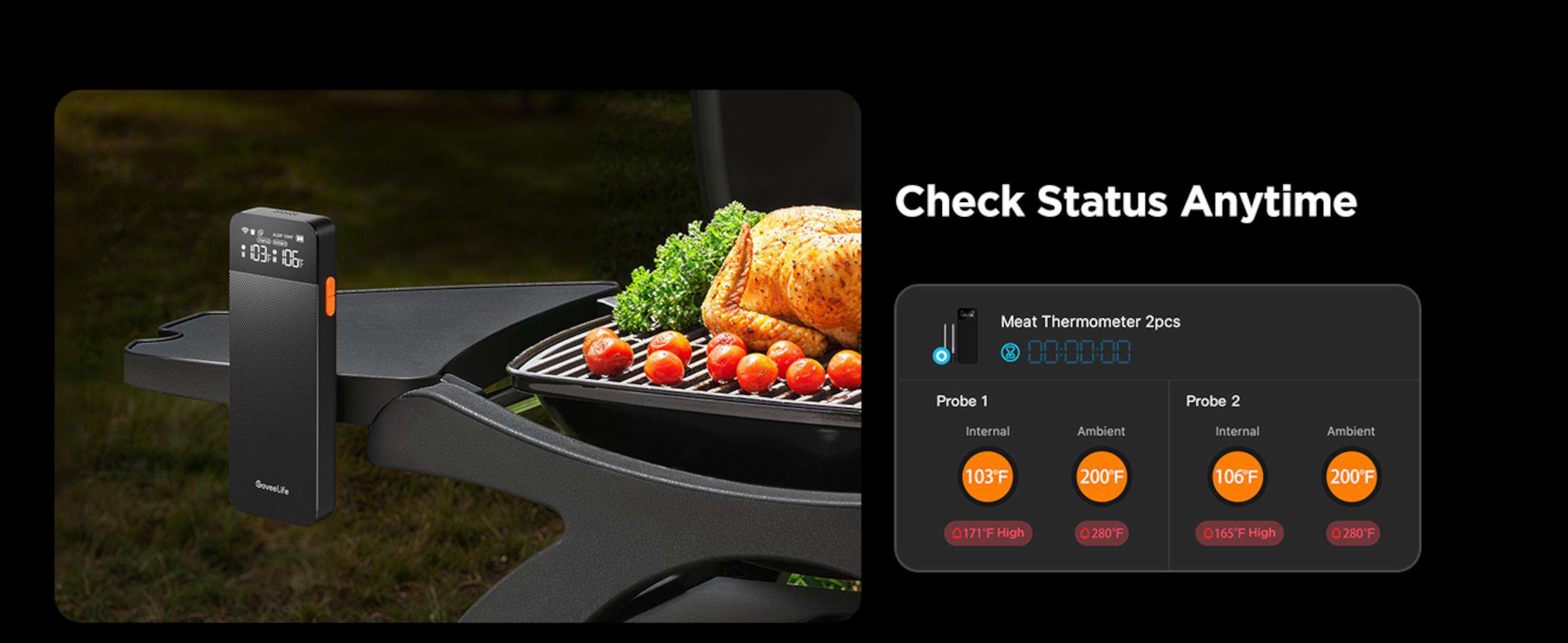 Ein digitaler Fleischthermometer-Monitor neben einem Grill mit einem Truthahn und Tomaten.