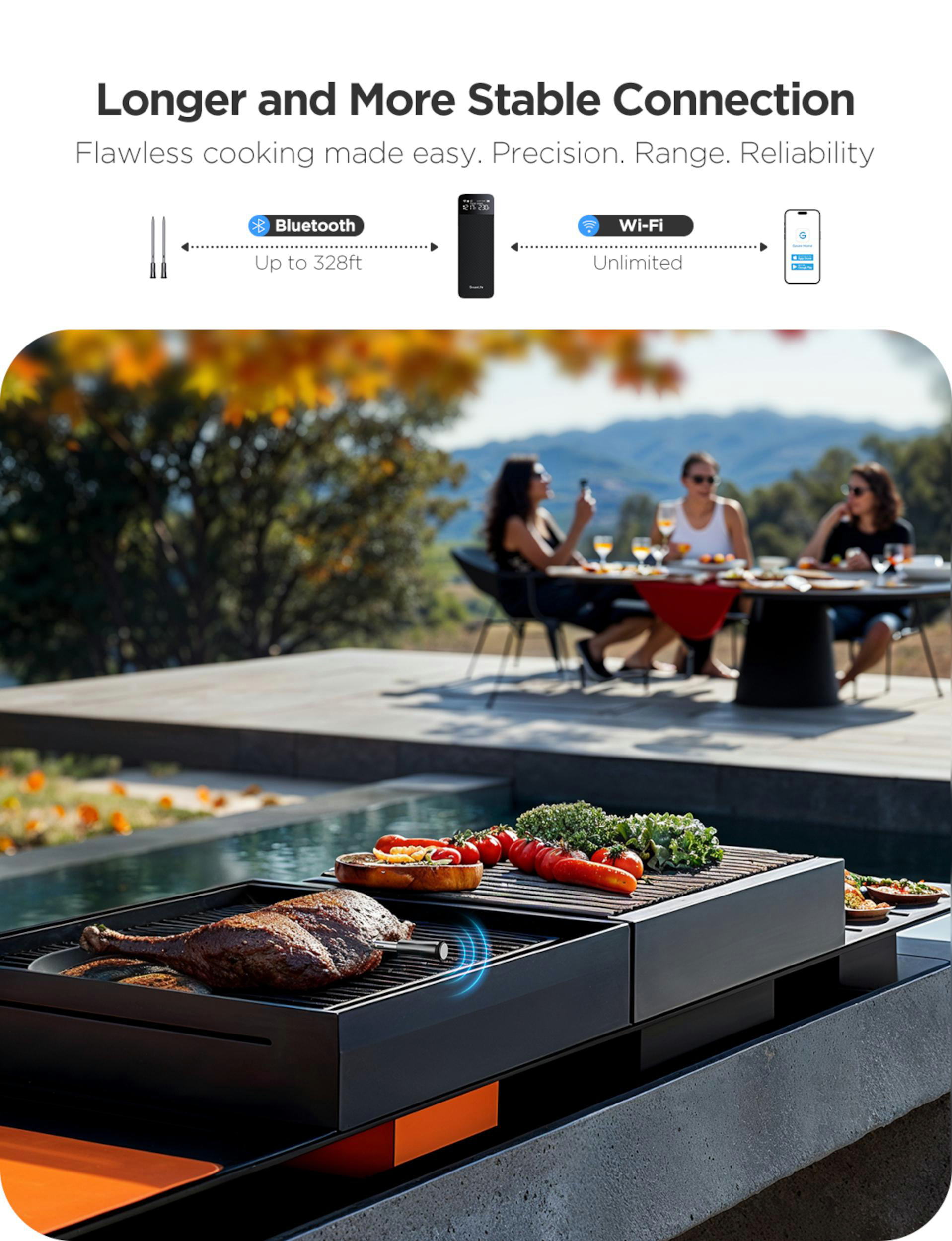 Ein Grill mit Fleisch und Gemüse steht am Pool. Leute sitzen am Tisch im Hintergrund.