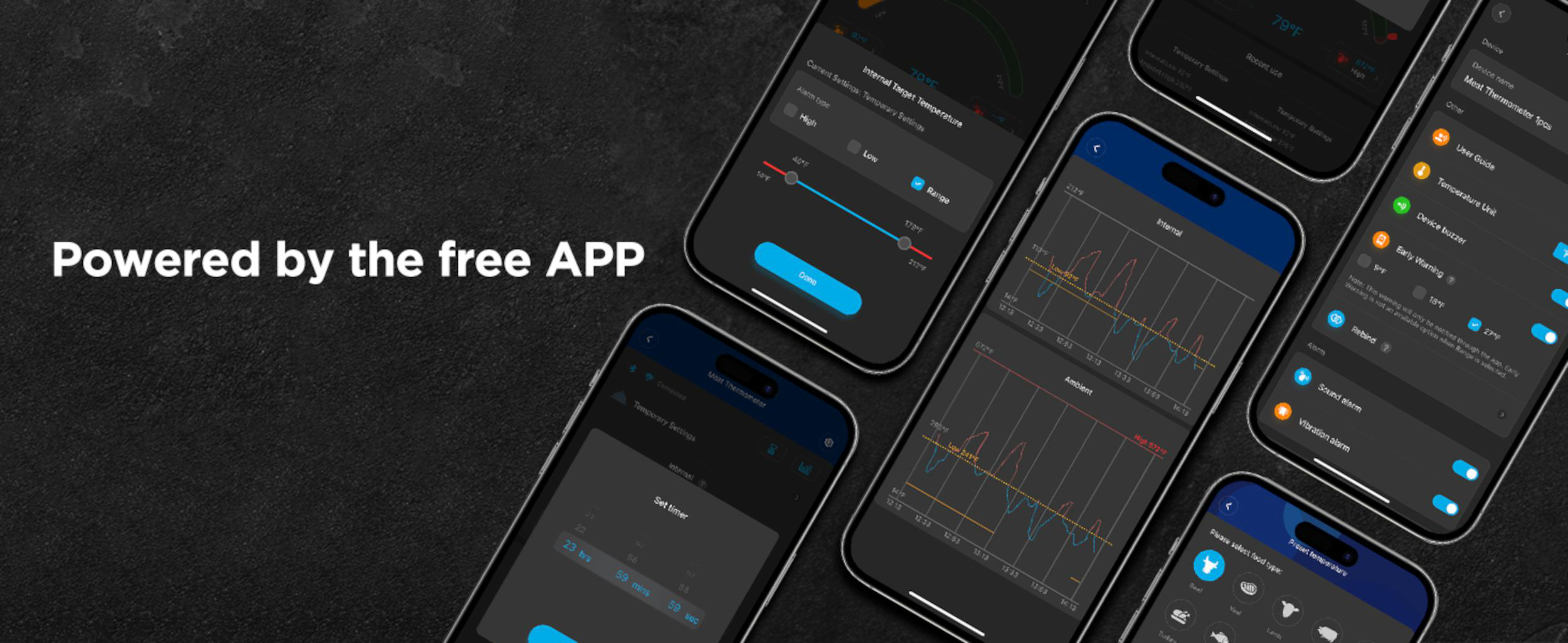 Mehrere Smartphones zeigen eine App mit Temperaturdiagrammen und Einstellungen.