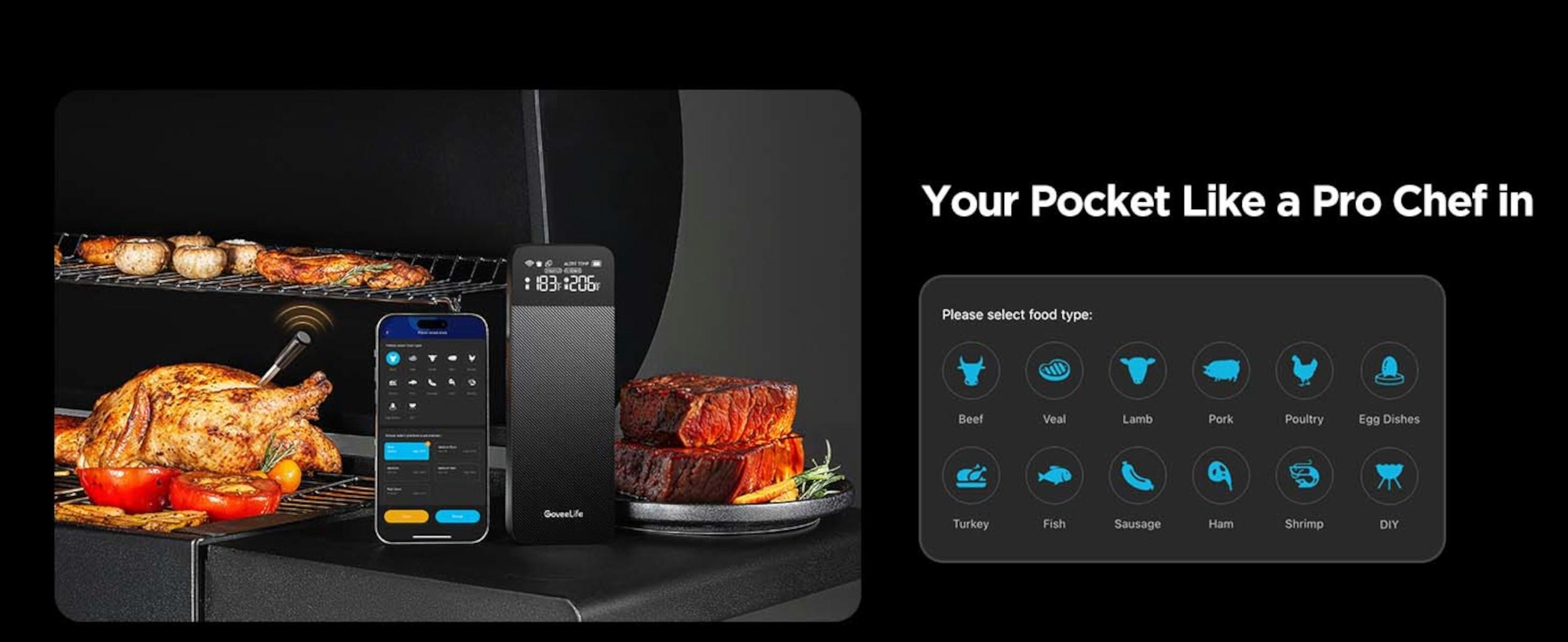 Ein Braten, Steaks, ein Thermometer und ein Smartphone-Display zeigen Kochoptionen an.