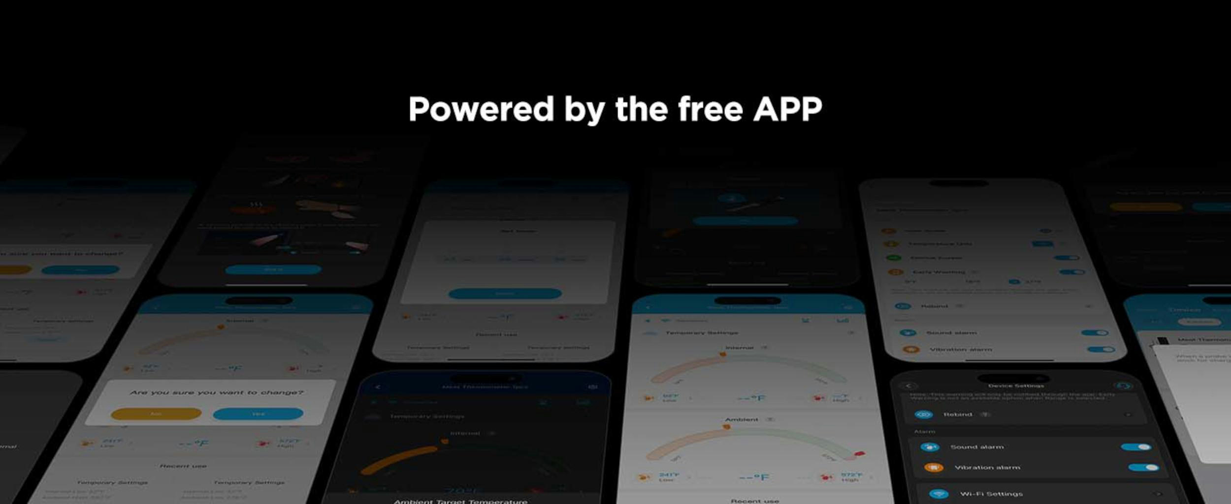 Mehrere Smartphone-Apps mit Temperaturanzeigen und Einstellungen auf dunklem Hintergrund.