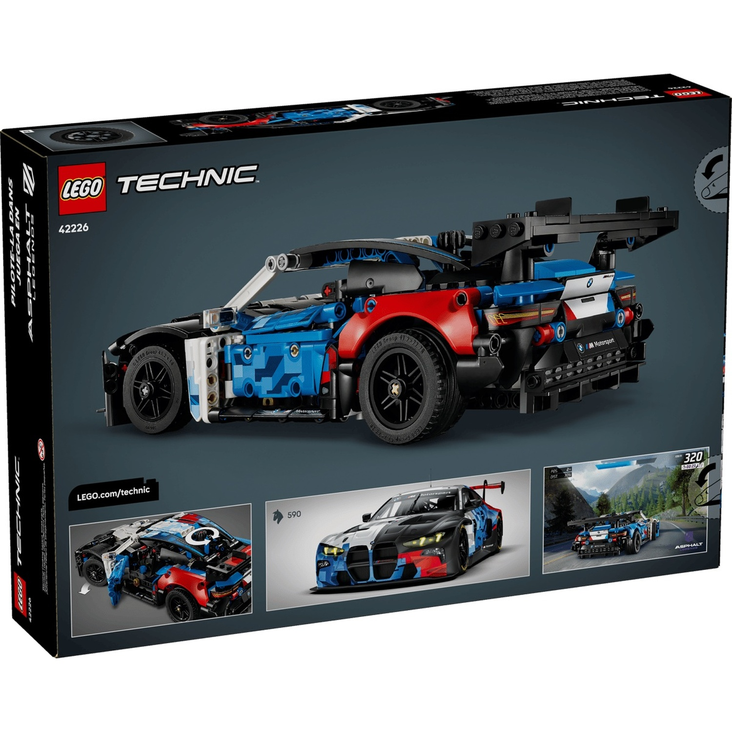 Set LEGO Technic BMW M4 GT3 su scatola scura con tre immagini.