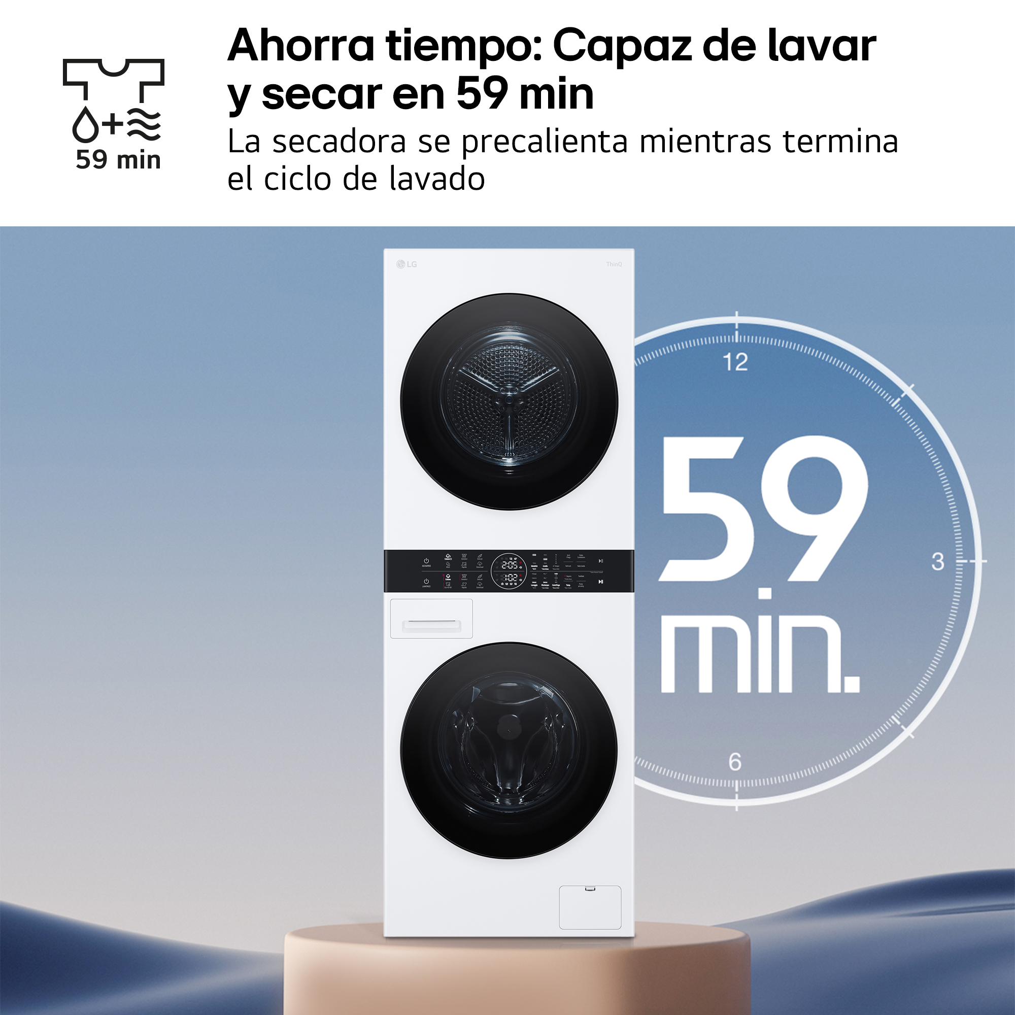 Ahorra tiempo: Capaz de lavar y secar en 59 min. La secadora se precalienta mientras termina el ciclo de lavado