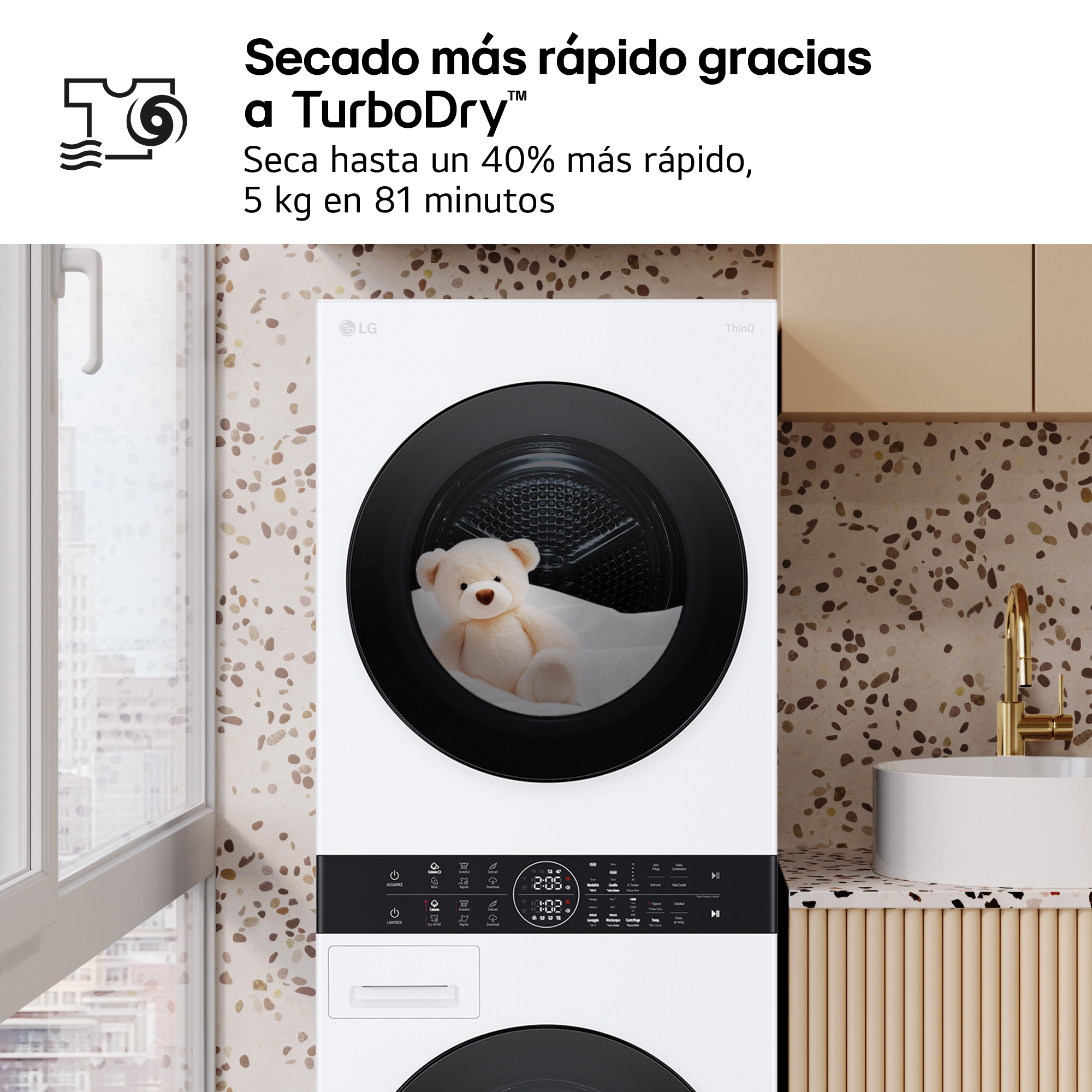 Secado más rápido gracias a TurboDry™. Seca hasta un 40% más rápido, 5 kg en 81 minutos.