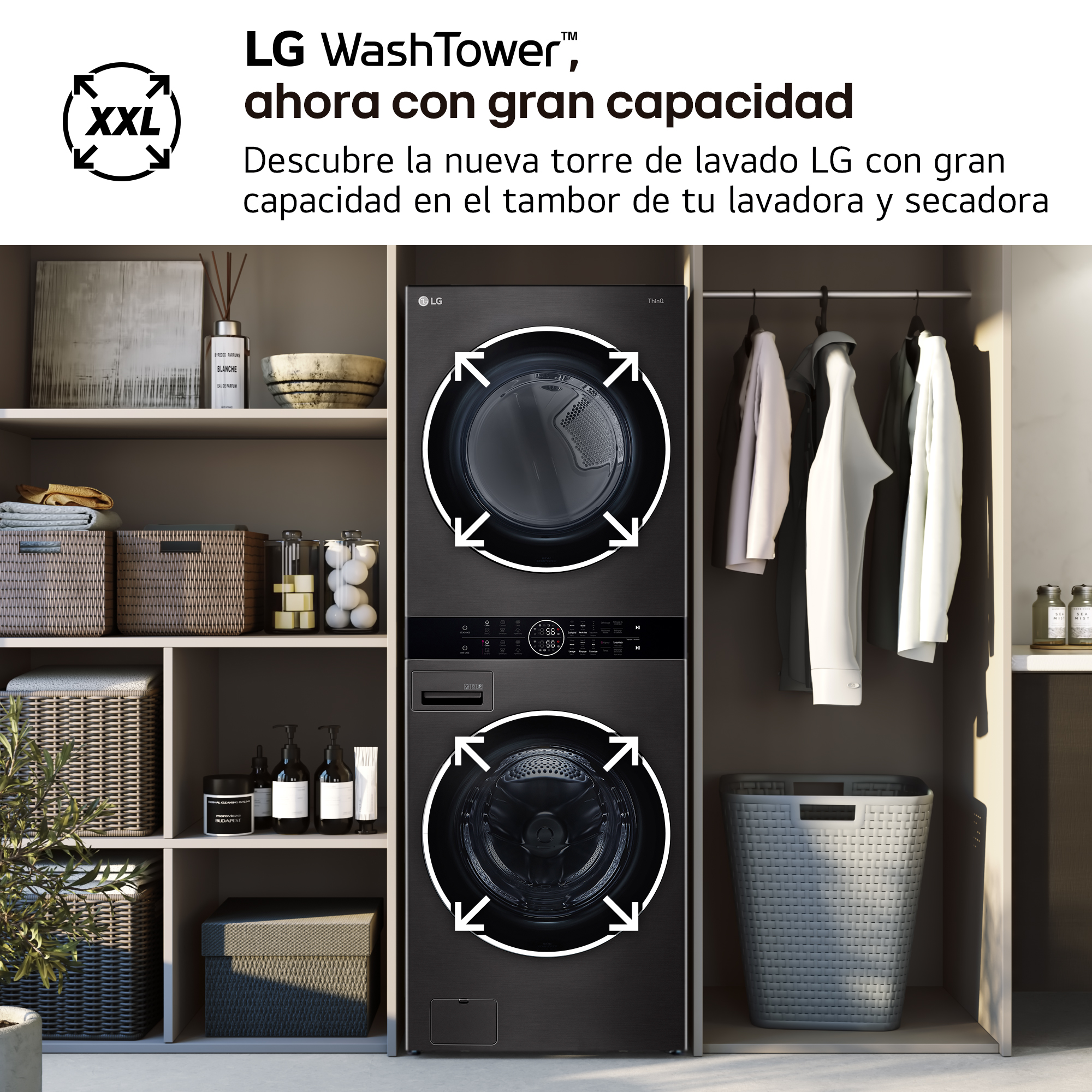 LG WashTower™, ahora con gran capacidad. Descubre la nueva torre de lavado LG con gran capacidad en el tambor de tu lavadora y secadora.