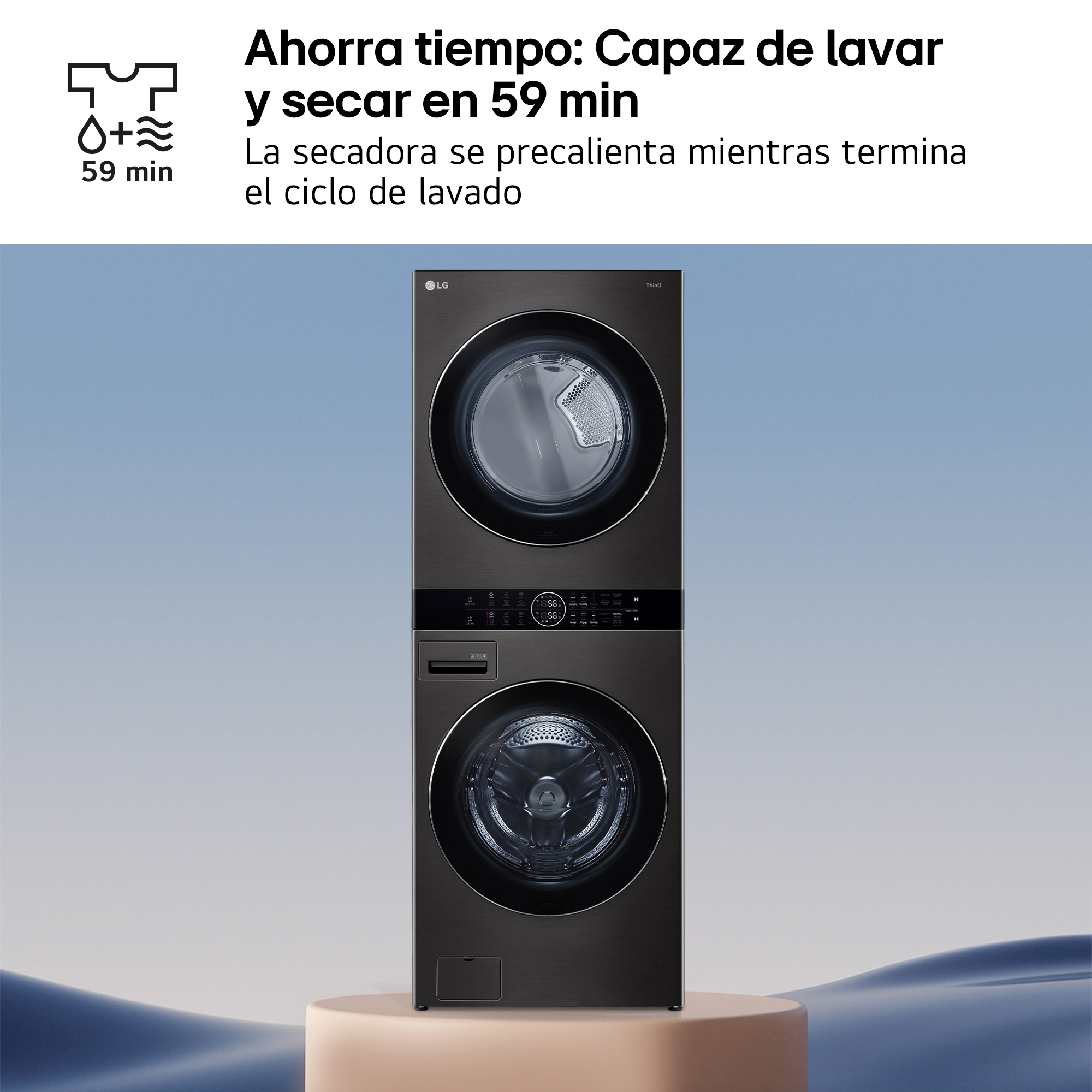 Ahorra tiempo: Capaz de lavar y secar en 59 min. La secadora se precalienta mientras termina el ciclo de lavado.