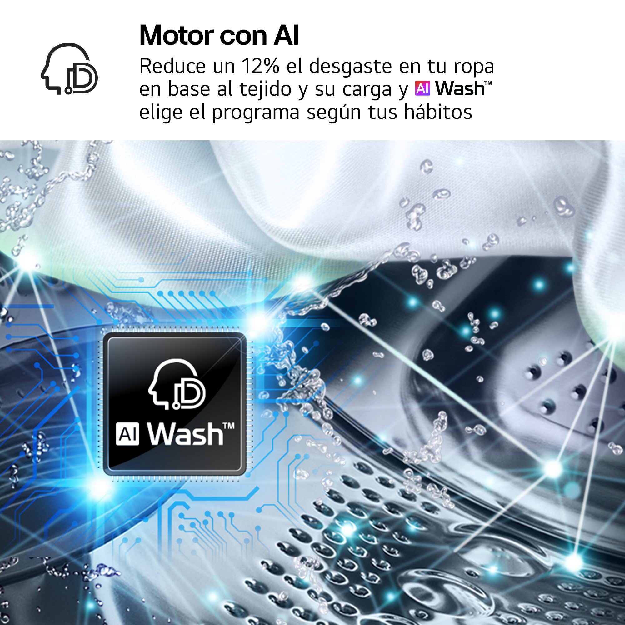 Motor con AI. Reduce un 12% el desgaste en tu ropa en base al tejido y su carga y AI Wash™ elige el programa según tus hábitos.
