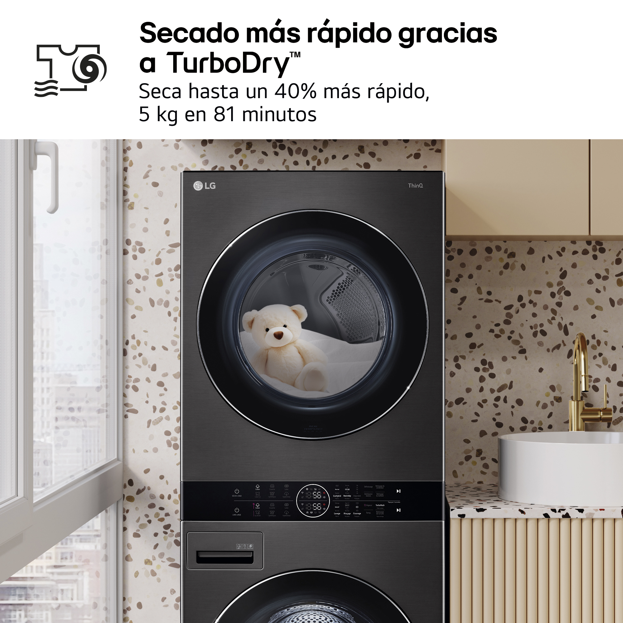Secado más rápido gracias a TurboDry™. Seca hasta un 40% más rápido, 5 kg en 81 minutos.