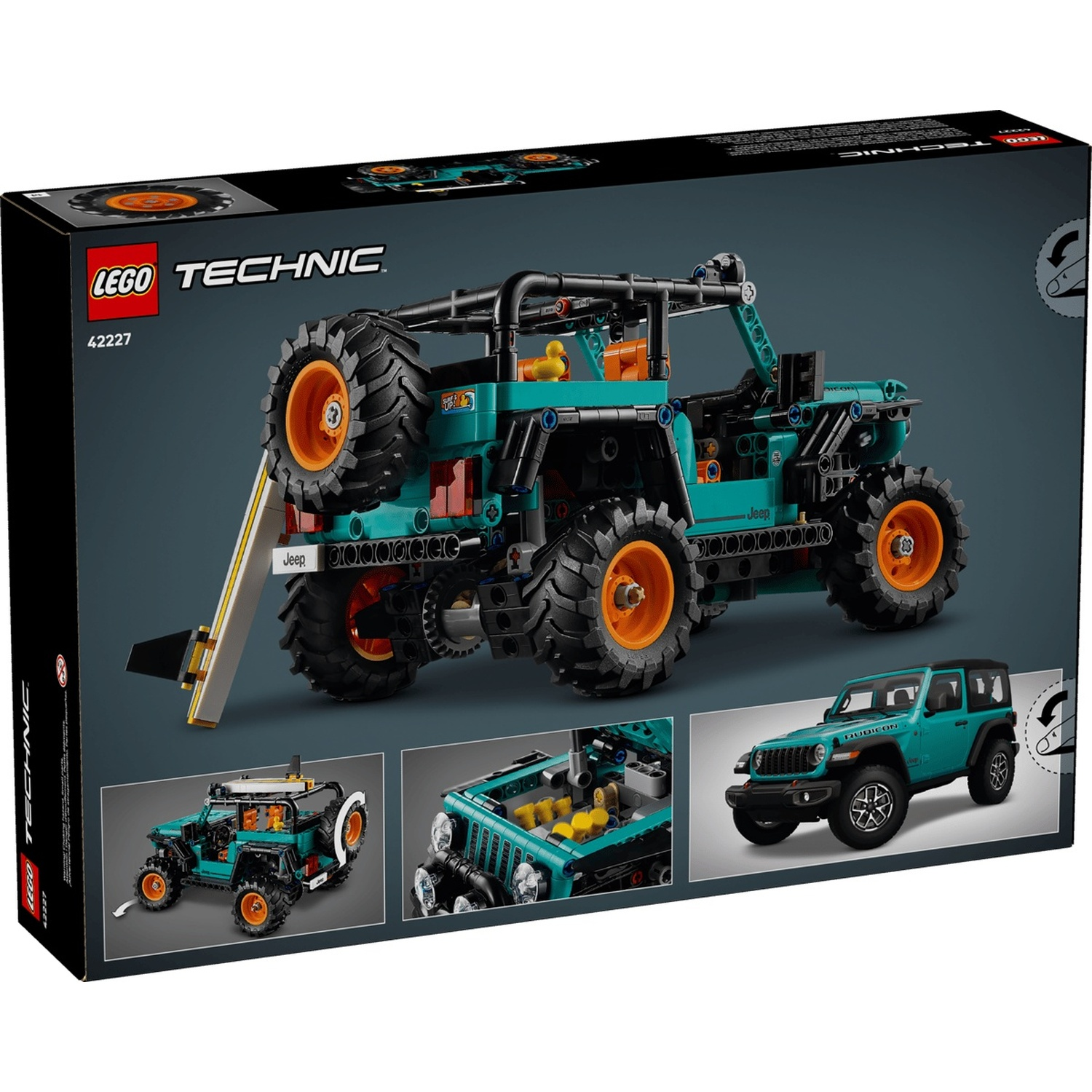 Scatola Lego Technic Jeep con tre immagini: principale, laterale e dettaglio.