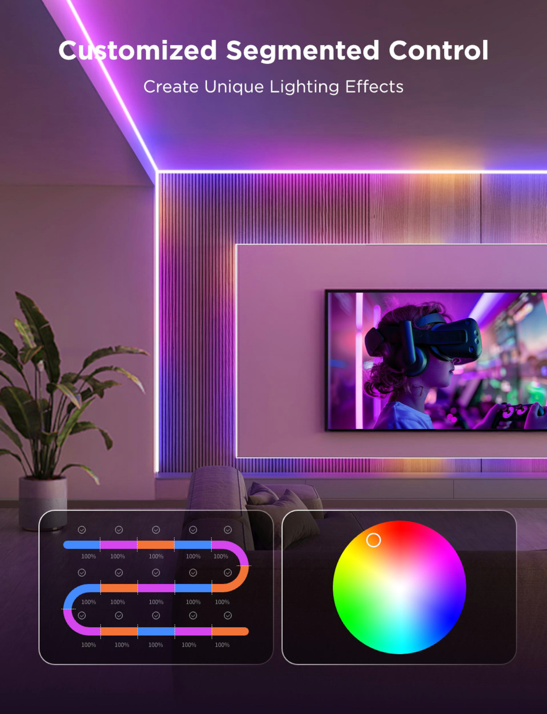 Ein Wohnzimmer mit farbiger LED-Beleuchtung, einem Fernseher und Steuerungsoptionen.