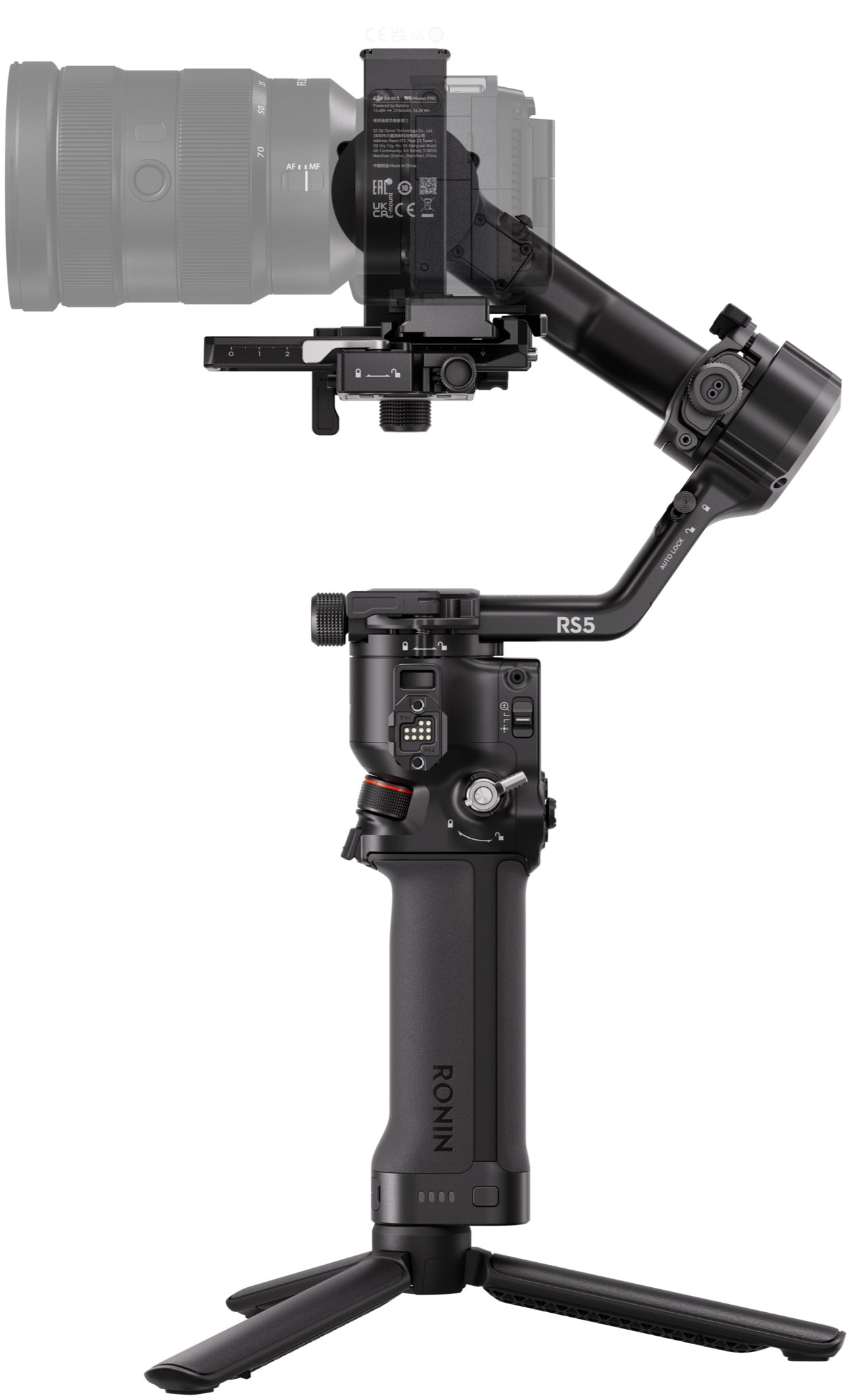 Fekete professzionális kamerás gimbal mini állvánnyal, fehér háttér.