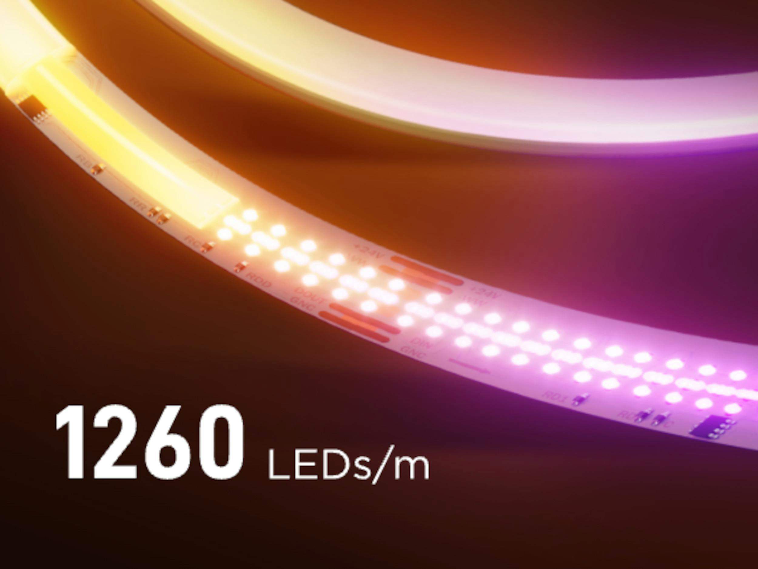 LED-Streifen mit 1260 LEDs/m, leuchtet gelb bis lila.