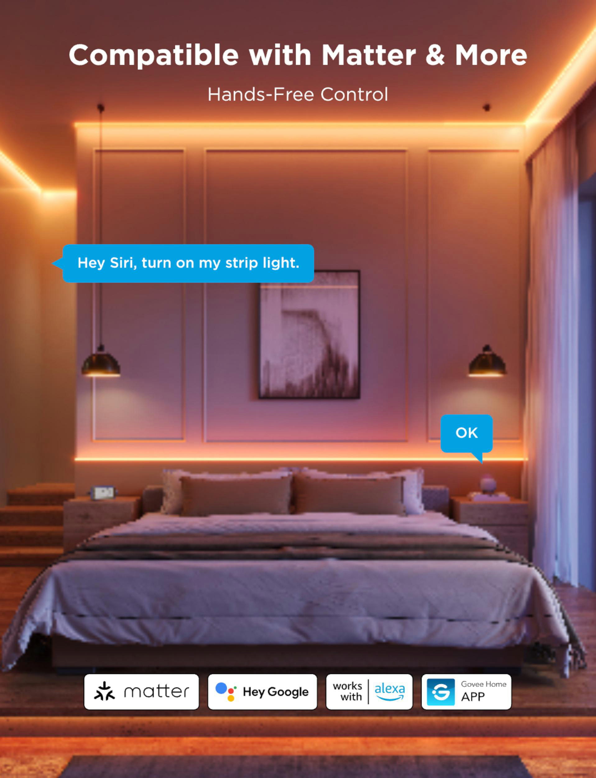 Ein Schlafzimmer mit orangefarbener Beleuchtung, einem Bett und Steuerelementen.