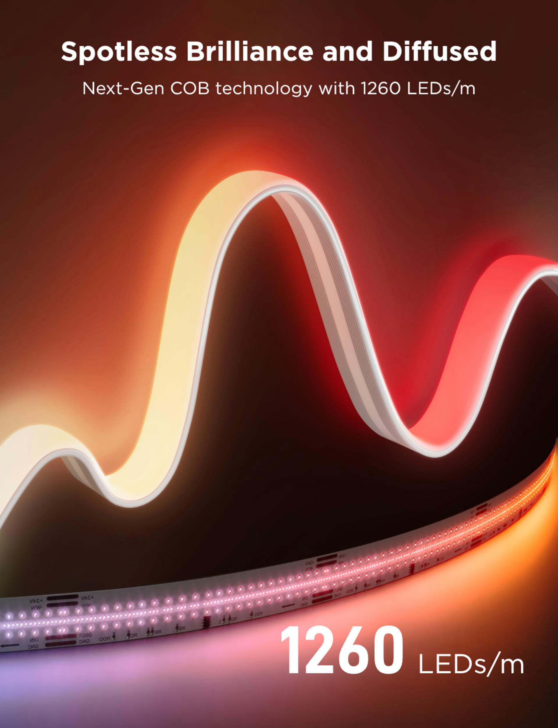 Ein gebogenes LED-Lichtband mit 1260 LEDs/m, von gelb zu rot leuchtend.