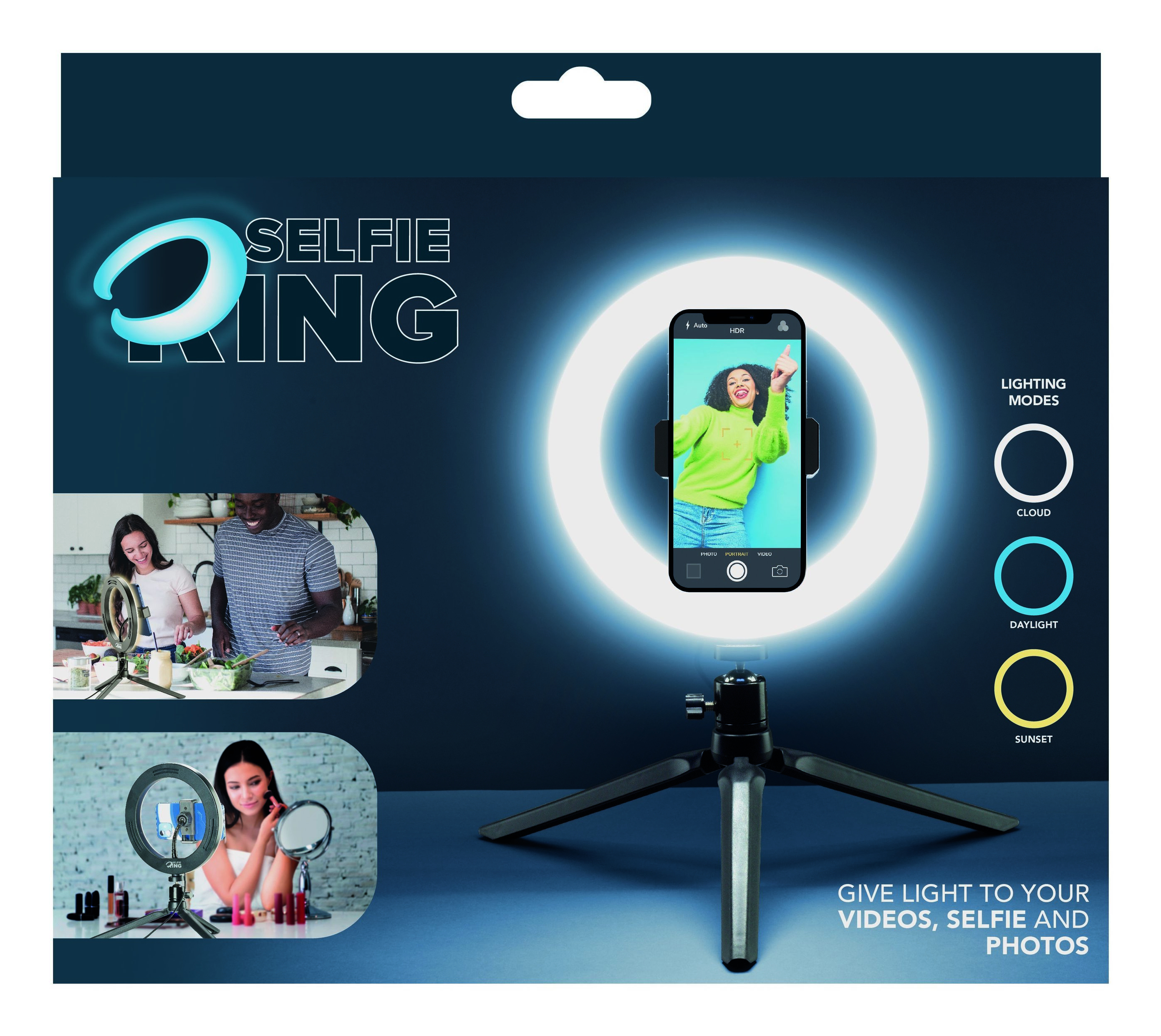 Embalaje de un aro de luz para selfies mostrando uso del móvil y modos de luz.