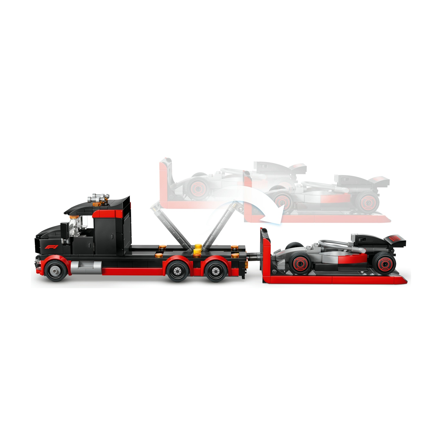 Un camion nero con rimorchio rosso trasporta un'auto F1 grigia.