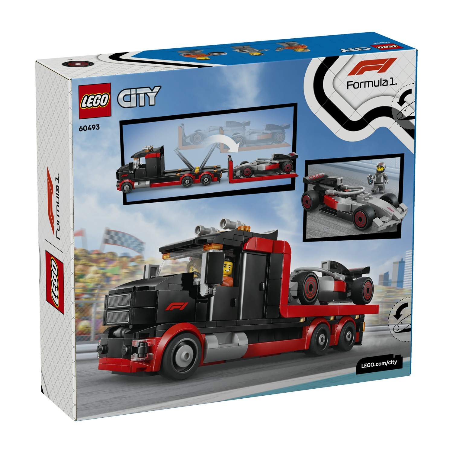 Camion LEGO con auto di Formula 1 sul rimorchio, pista da corsa sullo sfondo.